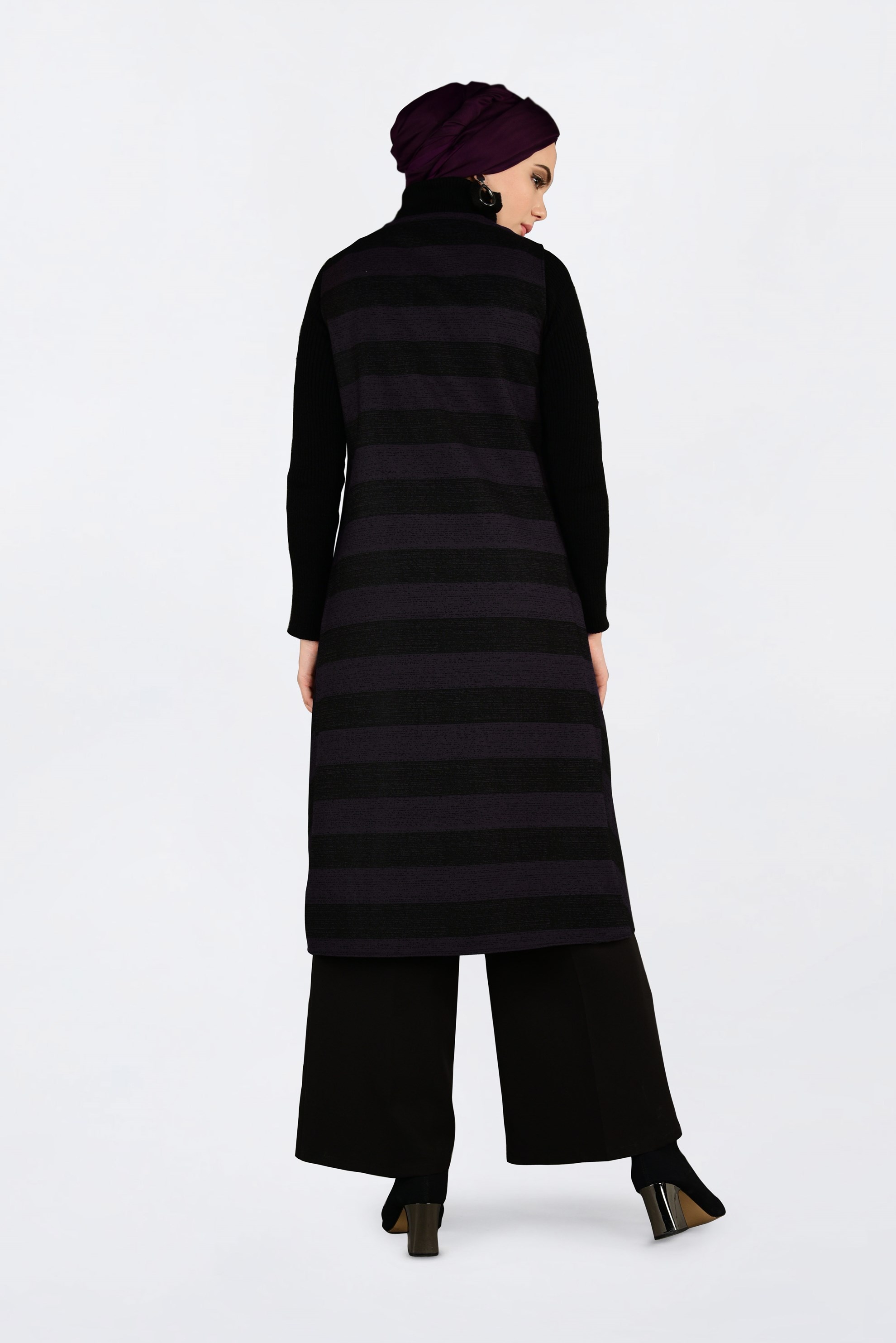 Tesettür giyim MOR KUŞGÖZÜ DETAYLI YATAY ŞERİTLİ YELEK 4749