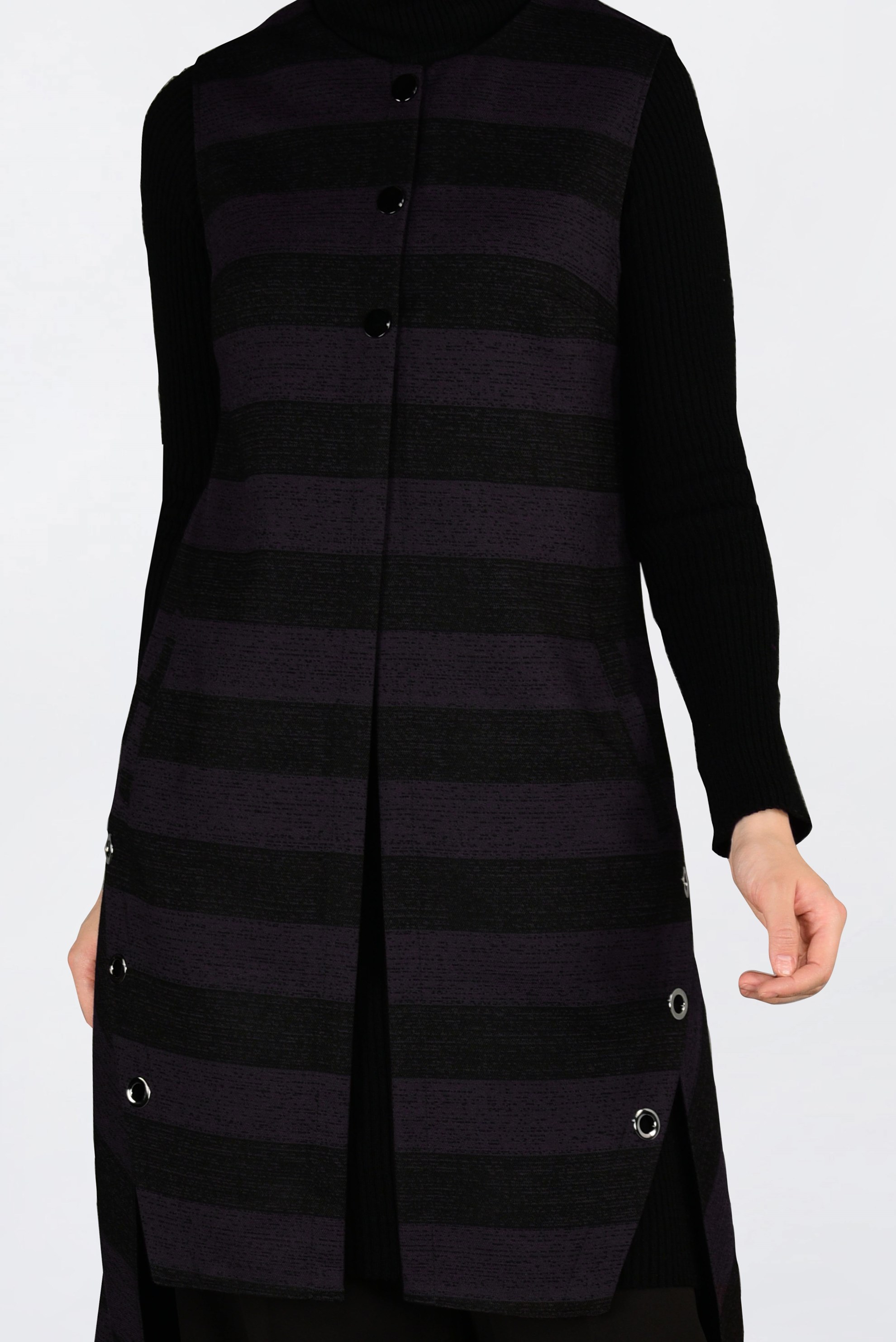 Tesettür giyim MOR KUŞGÖZÜ DETAYLI YATAY ŞERİTLİ YELEK 4749