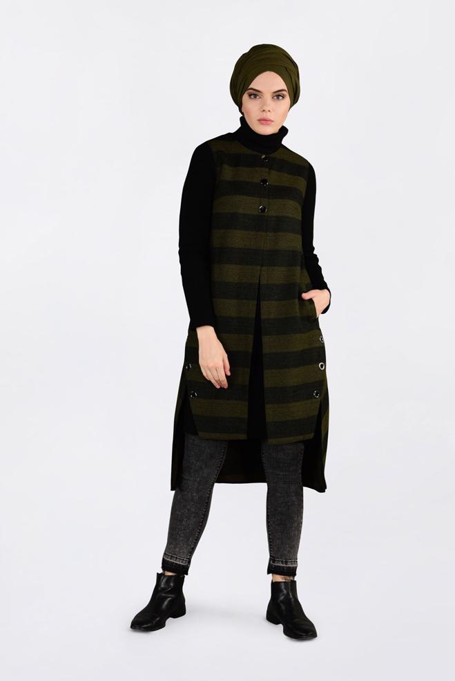 Tesettür giyim HAKİ KUŞGÖZÜ DETAYLI YATAY ŞERİTLİ YELEK 4749 - ALVİNA