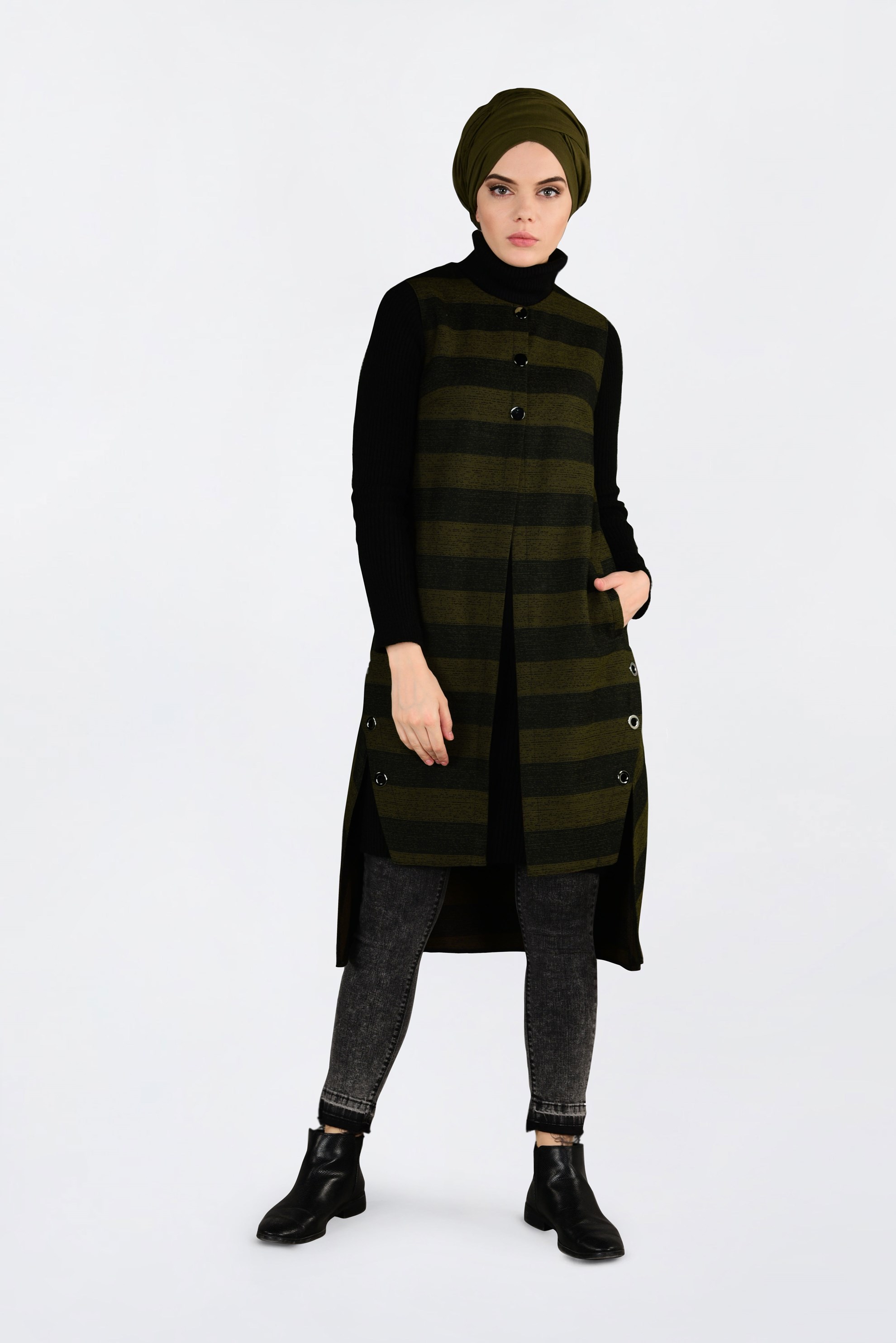 Tesettür giyim HAKİ KUŞGÖZÜ DETAYLI YATAY ŞERİTLİ YELEK 4749