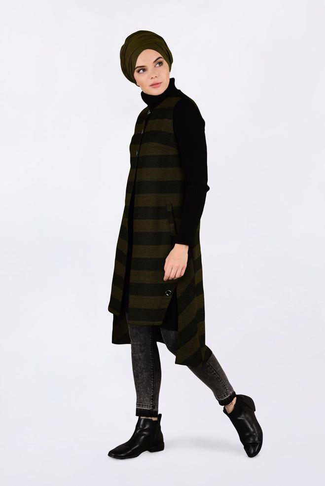 Tesettür giyim HAKİ KUŞGÖZÜ DETAYLI YATAY ŞERİTLİ YELEK 4749 - ALVİNA