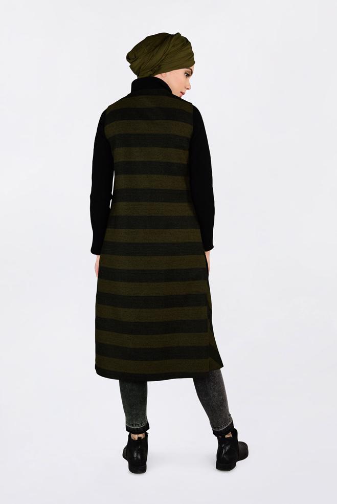 Tesettür giyim HAKİ KUŞGÖZÜ DETAYLI YATAY ŞERİTLİ YELEK 4749 - ALVİNA