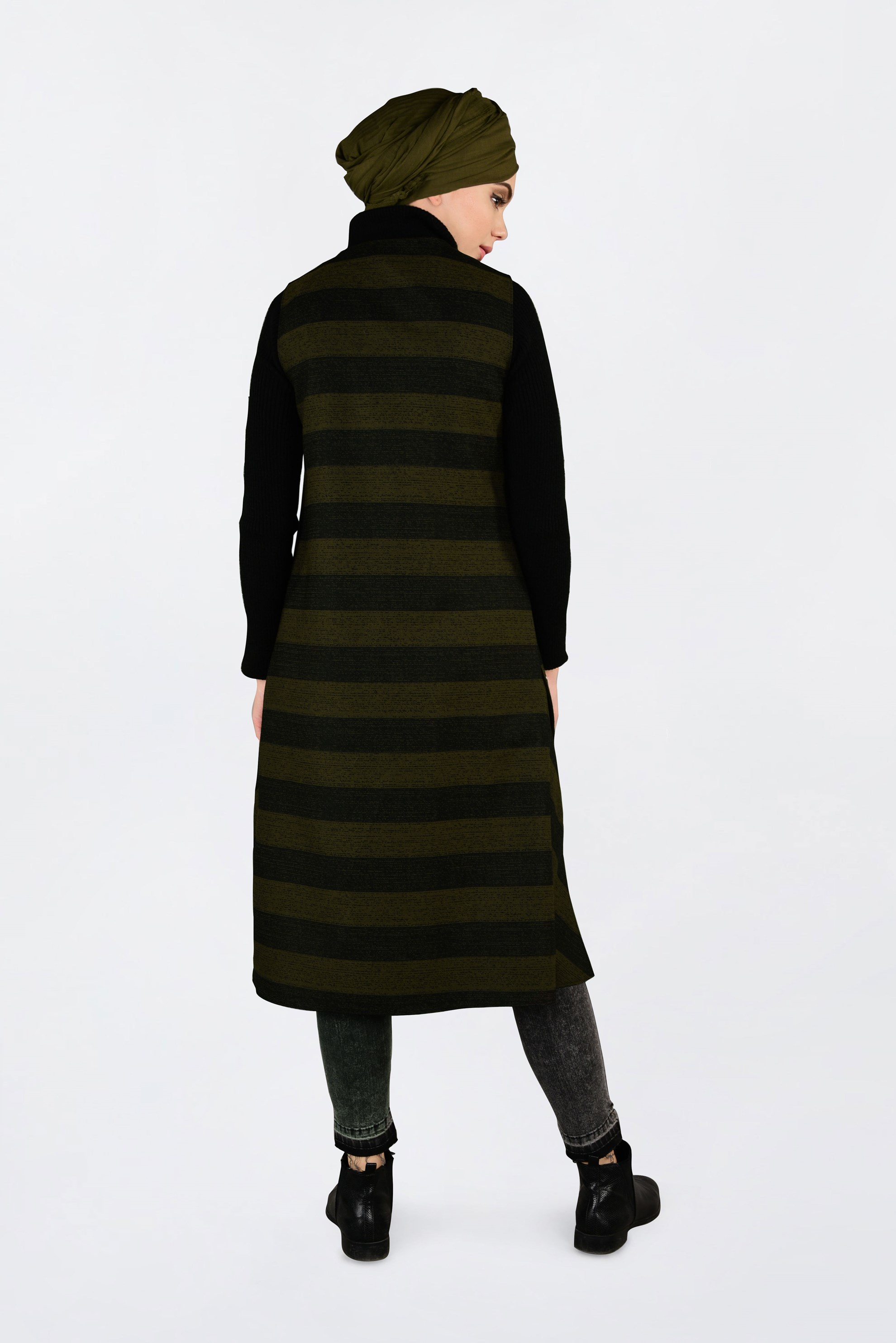 Tesettür giyim HAKİ KUŞGÖZÜ DETAYLI YATAY ŞERİTLİ YELEK 4749