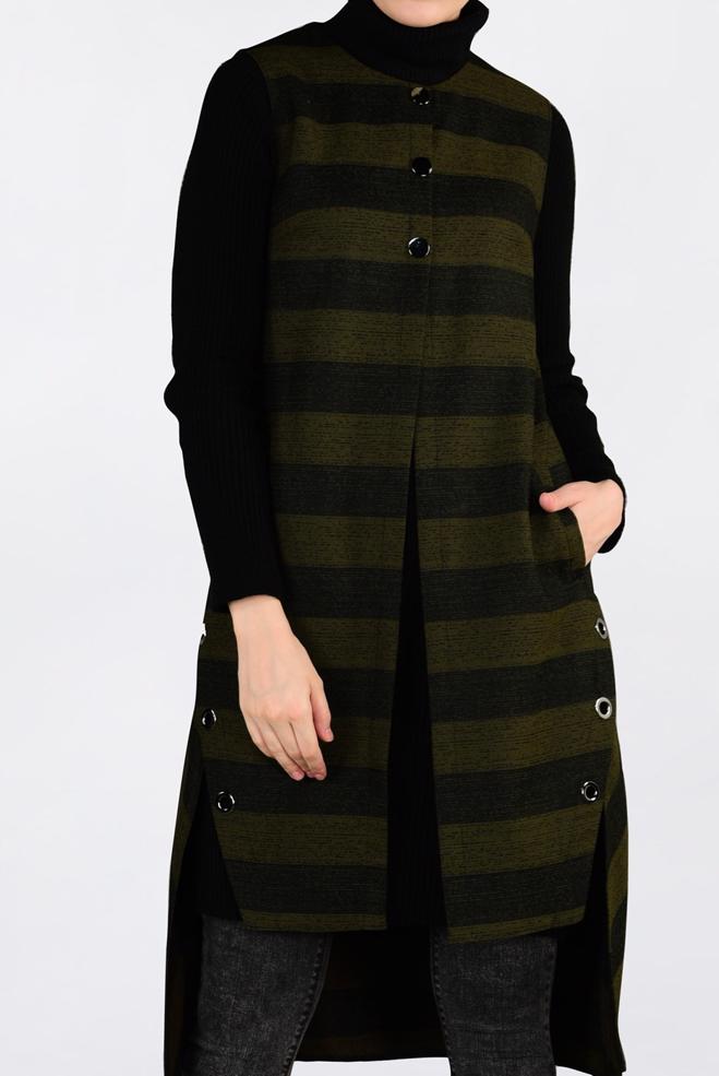 Tesettür giyim HAKİ KUŞGÖZÜ DETAYLI YATAY ŞERİTLİ YELEK 4749 - ALVİNA