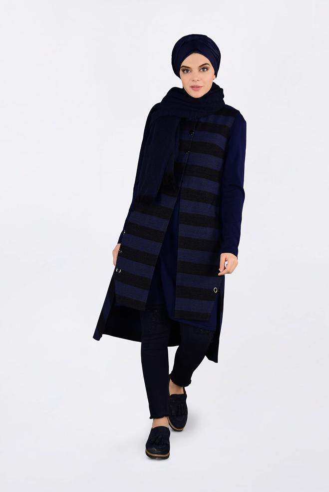 Tesettür giyim LACİVERT KUŞGÖZÜ DETAYLI YATAY ŞERİTLİ YELEK 4749 - ALVİNA