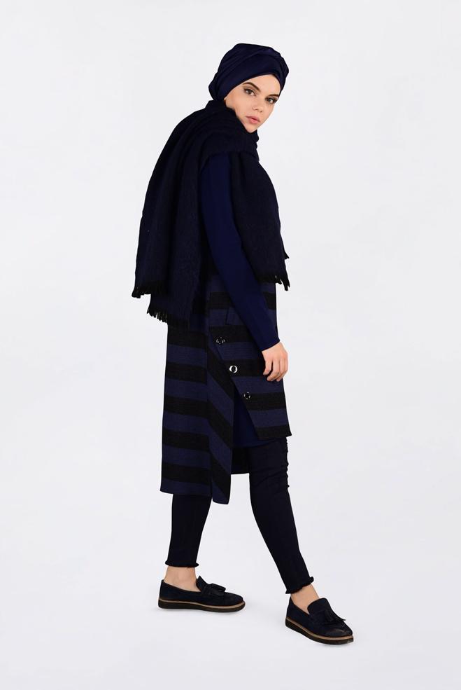 Tesettür giyim LACİVERT KUŞGÖZÜ DETAYLI YATAY ŞERİTLİ YELEK 4749 - ALVİNA