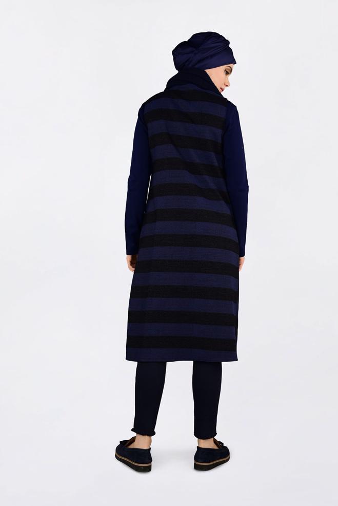 Tesettür giyim LACİVERT KUŞGÖZÜ DETAYLI YATAY ŞERİTLİ YELEK 4749 - ALVİNA