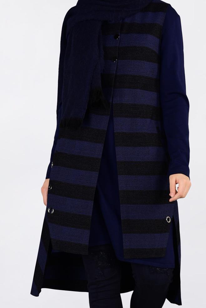 Tesettür giyim LACİVERT KUŞGÖZÜ DETAYLI YATAY ŞERİTLİ YELEK 4749 - ALVİNA