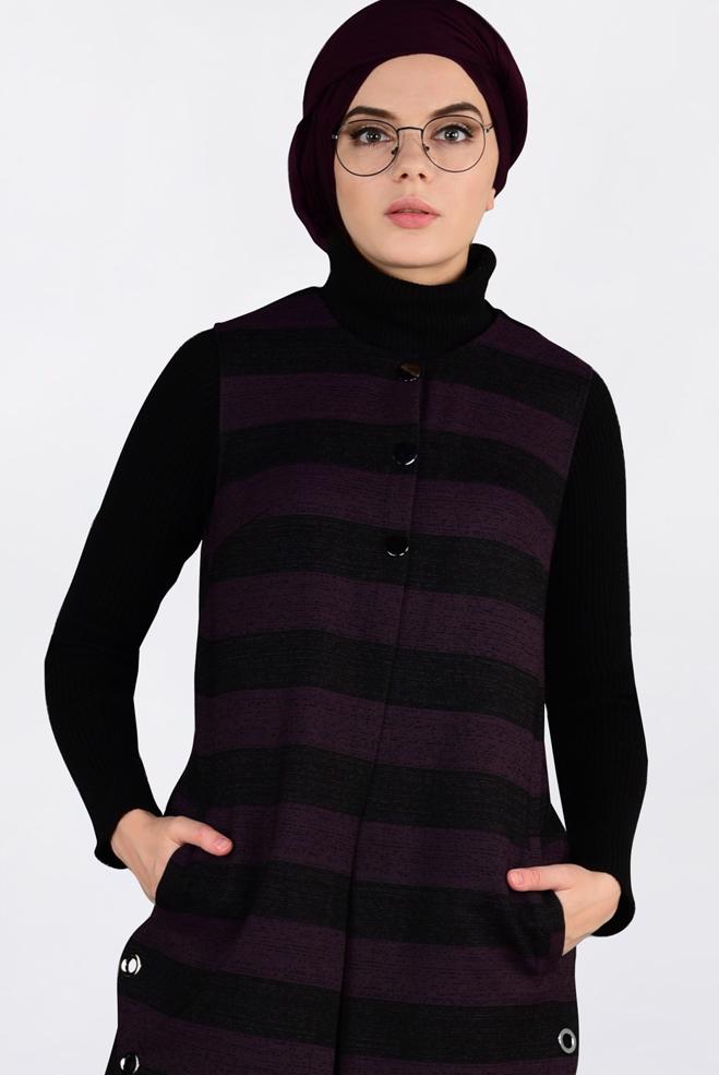 Tesettür giyim MÜRDÜM KUŞGÖZÜ DETAYLI YATAY ŞERİTLİ YELEK 4749 - ALVİNA