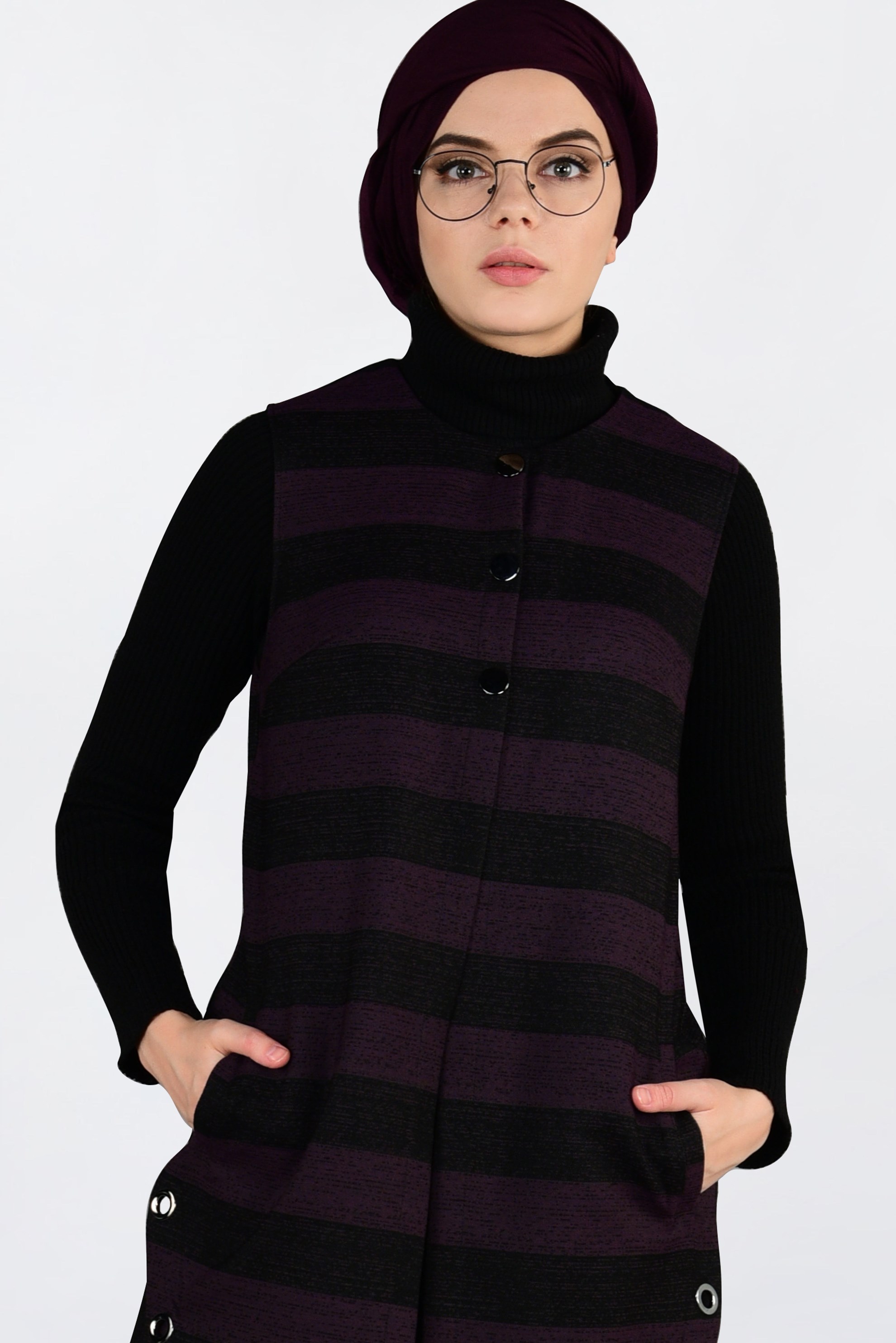 Tesettür giyim MÜRDÜM KUŞGÖZÜ DETAYLI YATAY ŞERİTLİ YELEK 4749