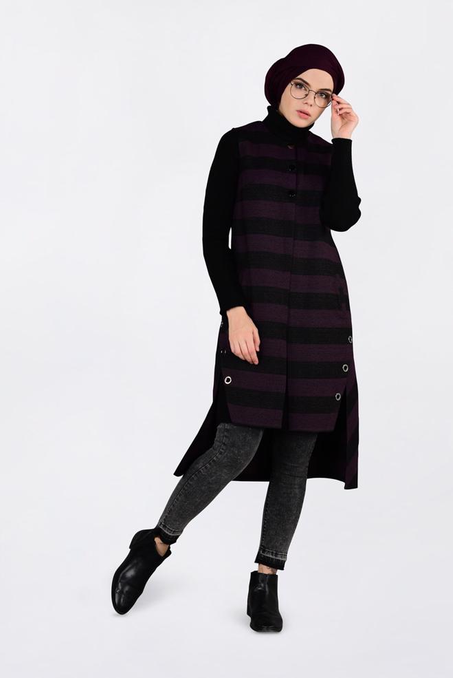 Tesettür giyim MÜRDÜM KUŞGÖZÜ DETAYLI YATAY ŞERİTLİ YELEK 4749 - ALVİNA