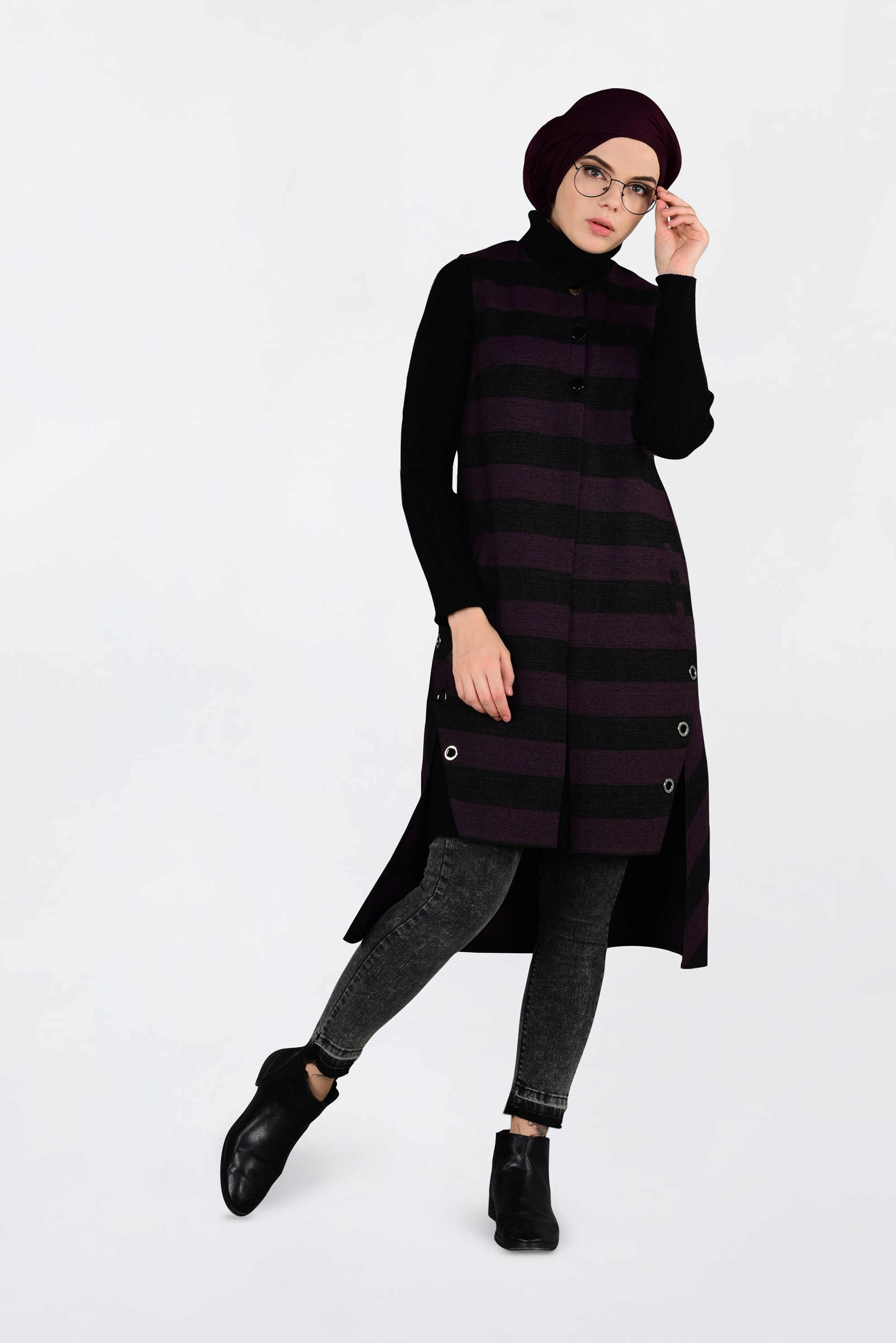 Tesettür giyim MÜRDÜM KUŞGÖZÜ DETAYLI YATAY ŞERİTLİ YELEK 4749