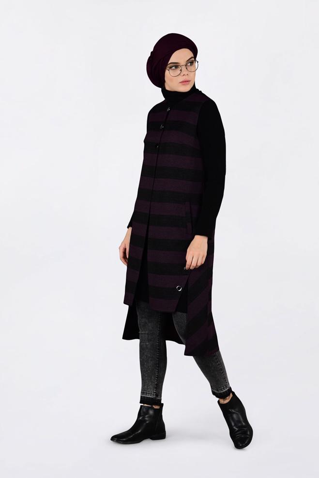 Tesettür giyim MÜRDÜM KUŞGÖZÜ DETAYLI YATAY ŞERİTLİ YELEK 4749 - ALVİNA