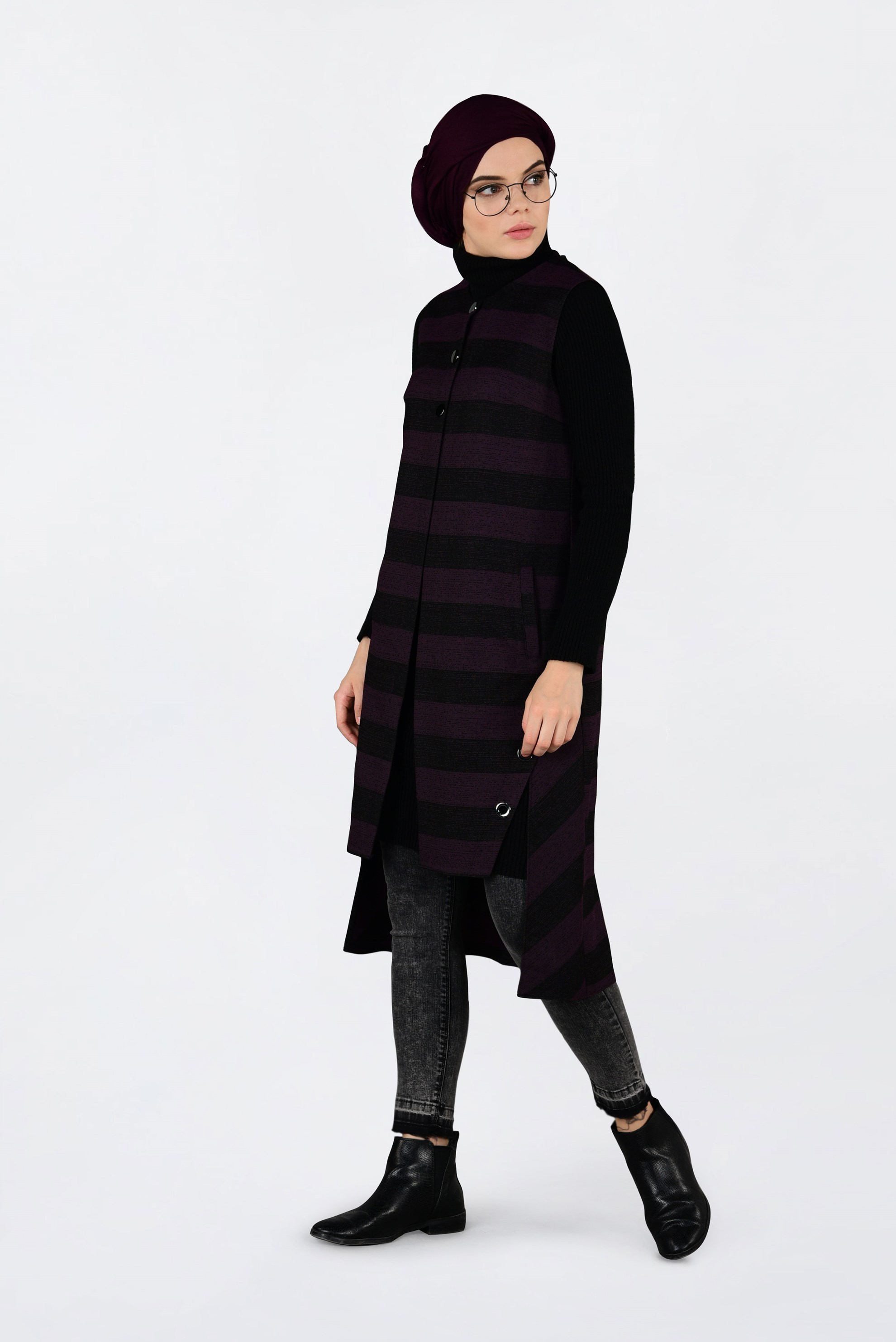 Tesettür giyim MÜRDÜM KUŞGÖZÜ DETAYLI YATAY ŞERİTLİ YELEK 4749