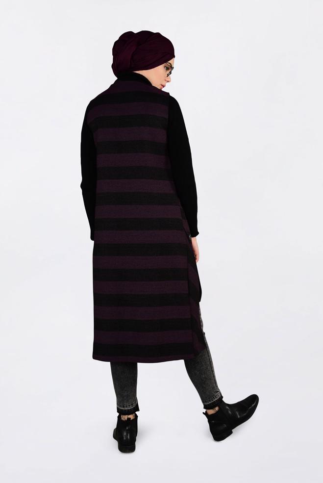 Tesettür giyim MÜRDÜM KUŞGÖZÜ DETAYLI YATAY ŞERİTLİ YELEK 4749 - ALVİNA