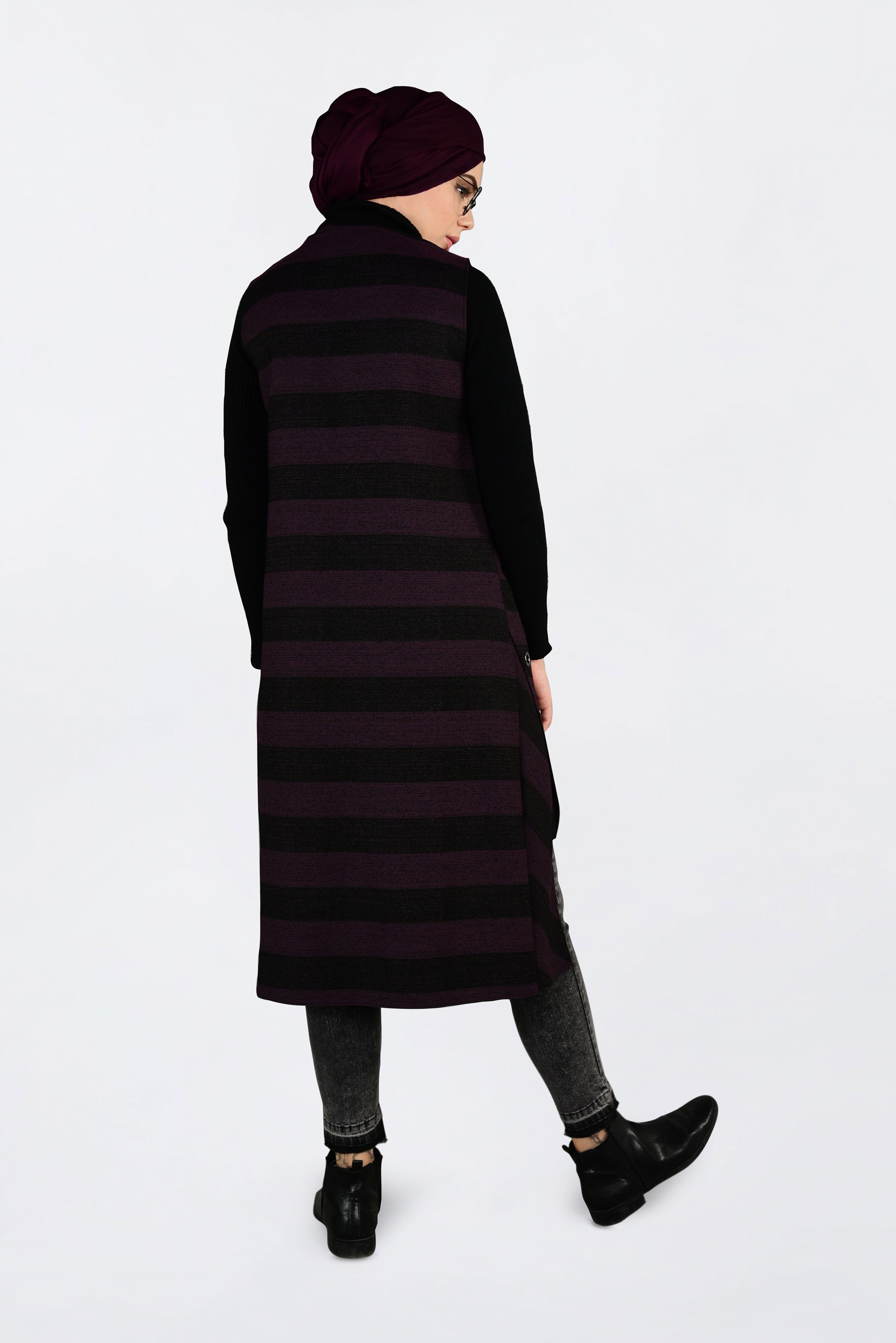 Tesettür giyim MÜRDÜM KUŞGÖZÜ DETAYLI YATAY ŞERİTLİ YELEK 4749