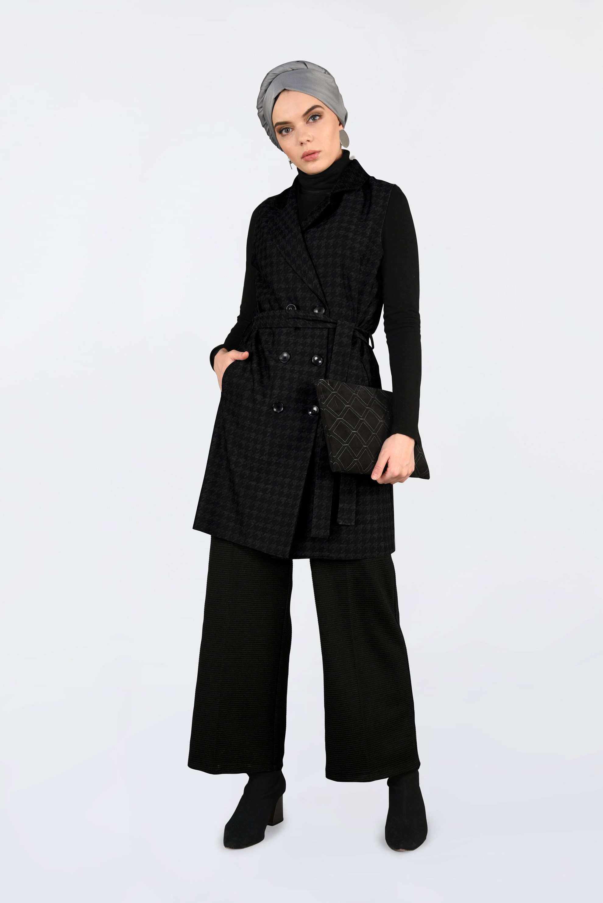 Tesettür giyim SİYAH KAZAYAĞI DESENLİ KRUVAZE YELEK 4751