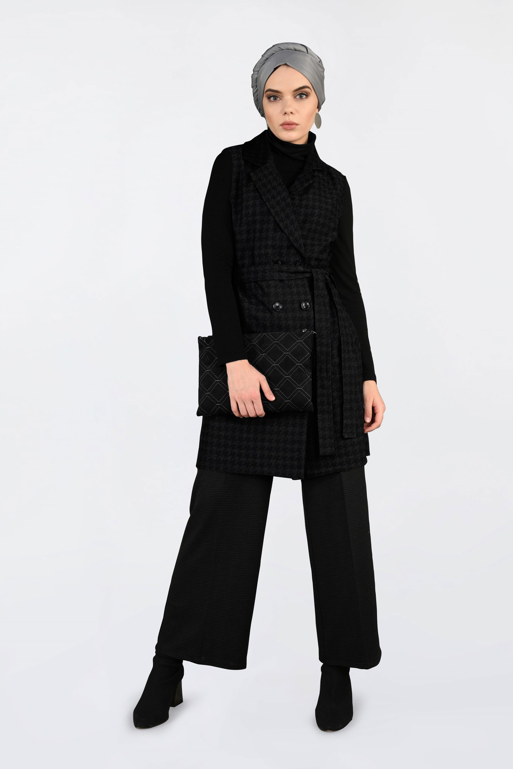 Tesettür giyim SİYAH KAZAYAĞI DESENLİ KRUVAZE YELEK 4751