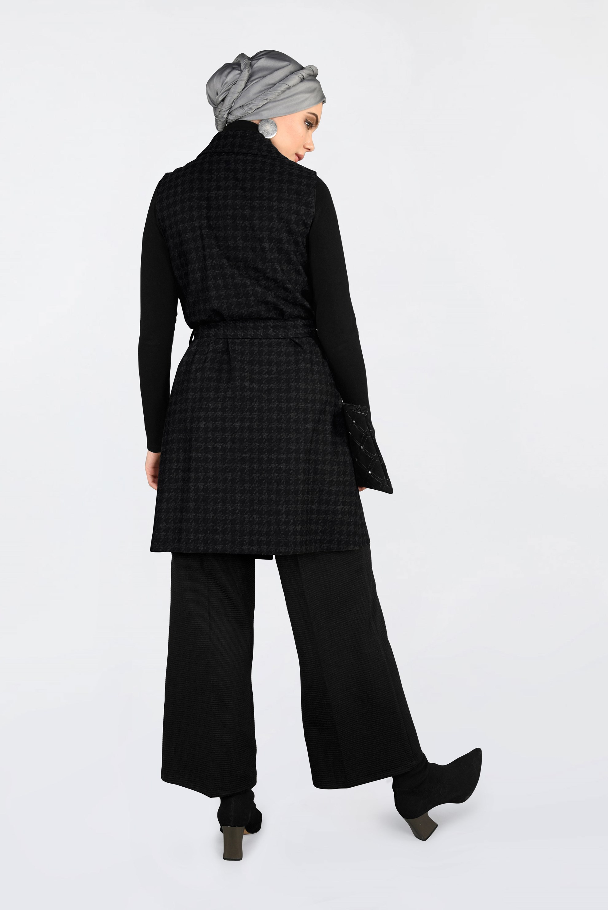 Tesettür giyim SİYAH KAZAYAĞI DESENLİ KRUVAZE YELEK 4751