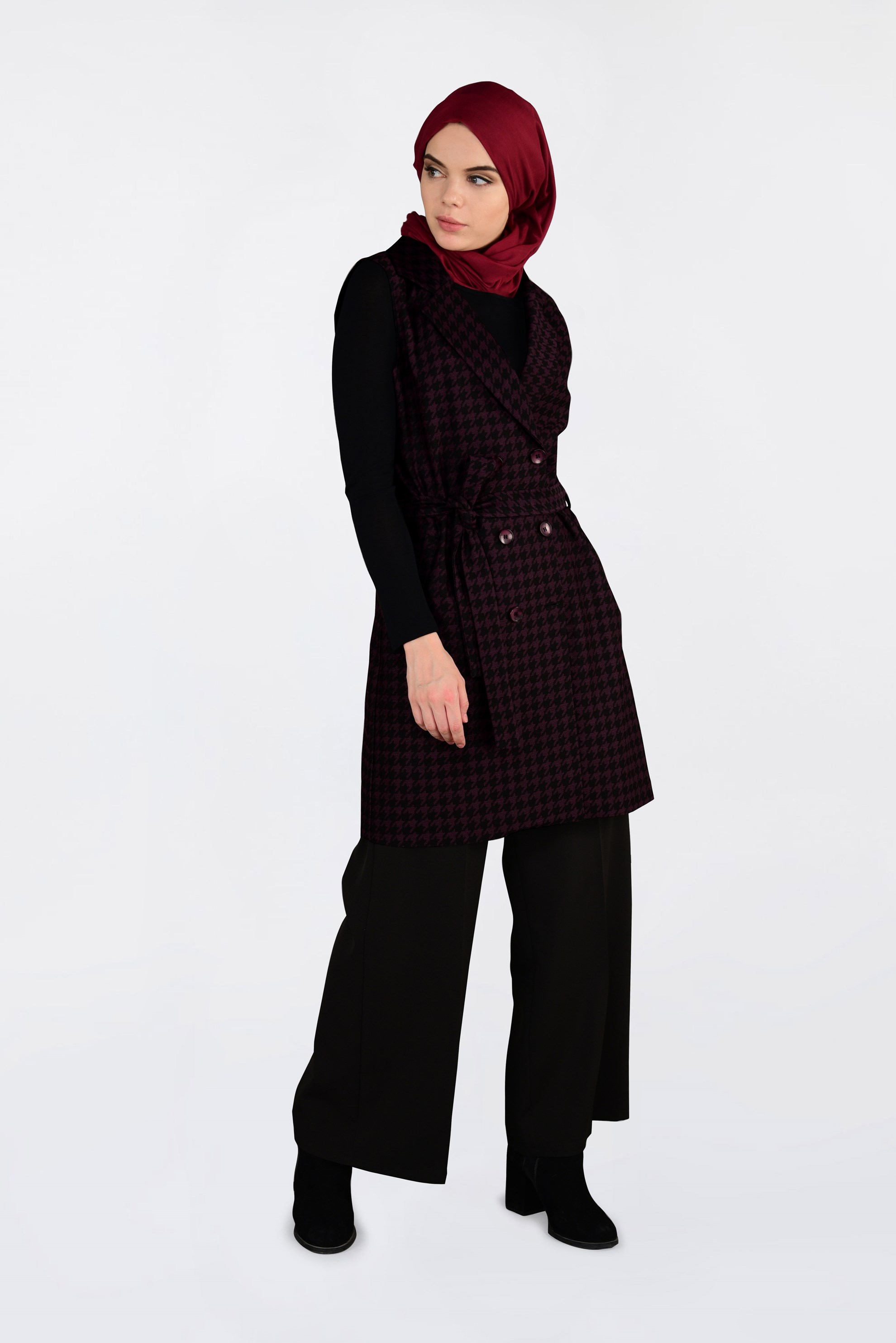 Tesettür giyim BORDO KAZAYAĞI DESENLİ KRUVAZE YELEK 4751