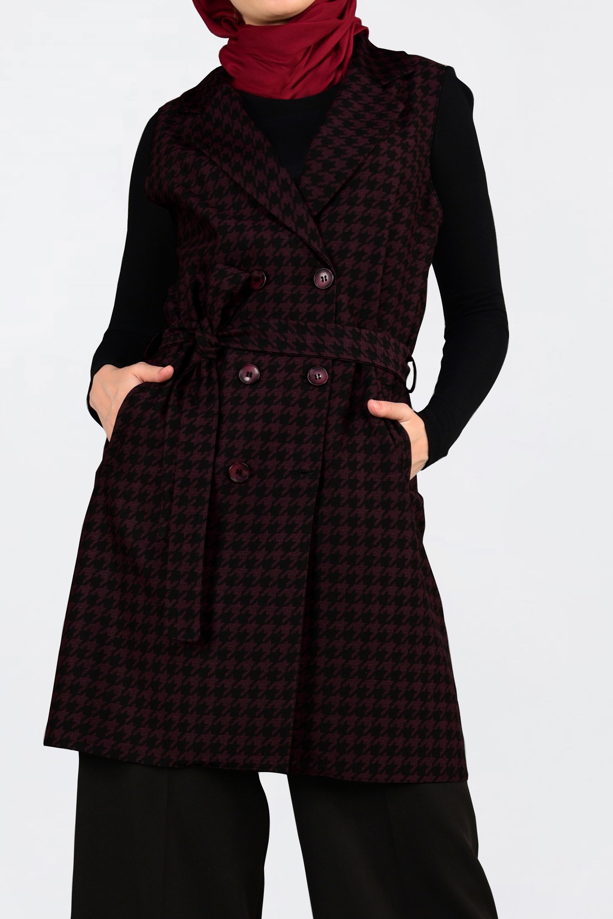 Tesettür giyim BORDO KAZAYAĞI DESENLİ KRUVAZE YELEK 4751