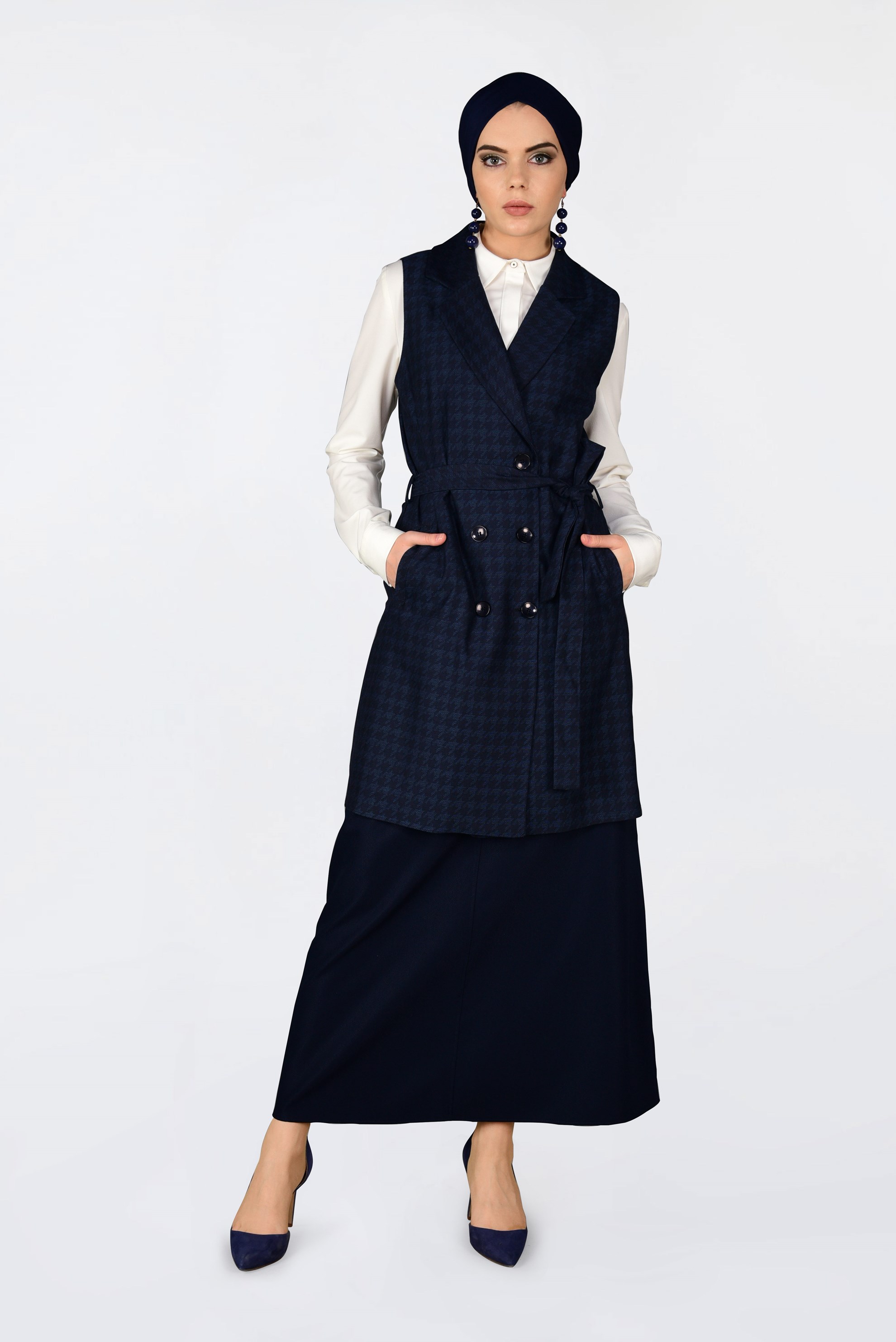 Tesettür giyim LACİVERT KAZAYAĞI DESENLİ KRUVAZE YELEK 4751