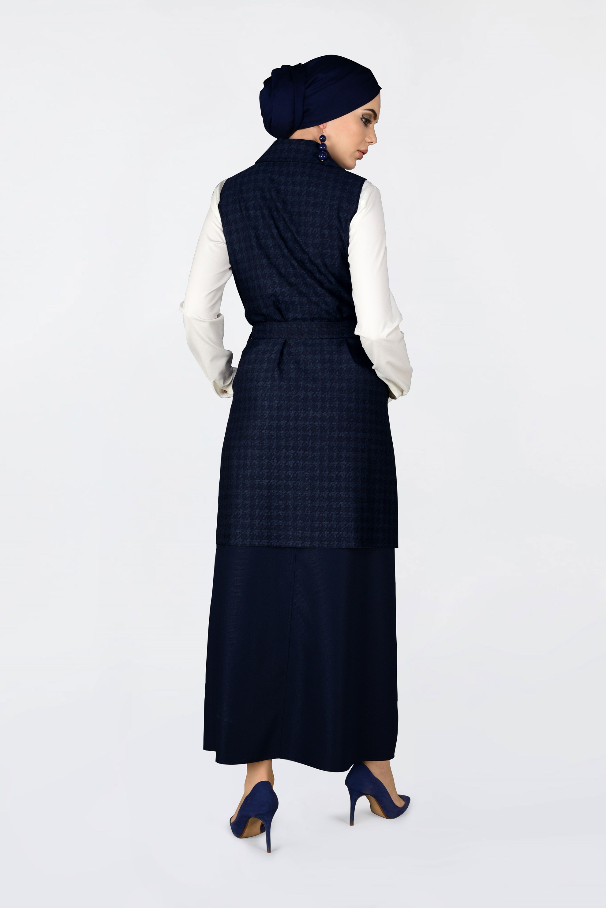 Tesettür giyim LACİVERT KAZAYAĞI DESENLİ KRUVAZE YELEK 4751