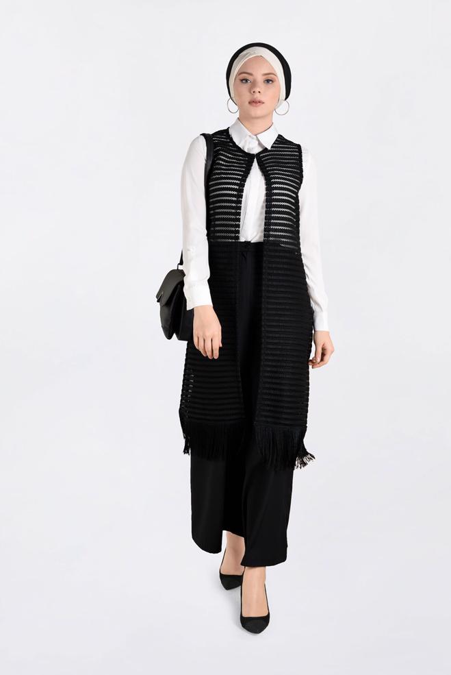 Tesettür giyim SİYAH PÜSKÜL DETAYLI FİLE YELEK 4753 - ALVİNA