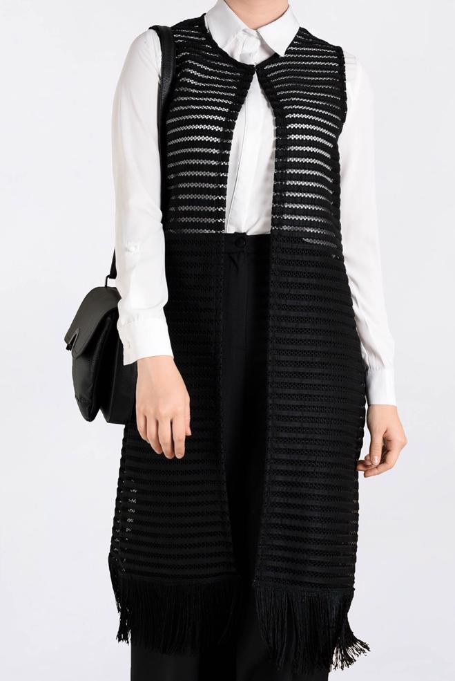 Tesettür giyim SİYAH PÜSKÜL DETAYLI FİLE YELEK 4753 - ALVİNA