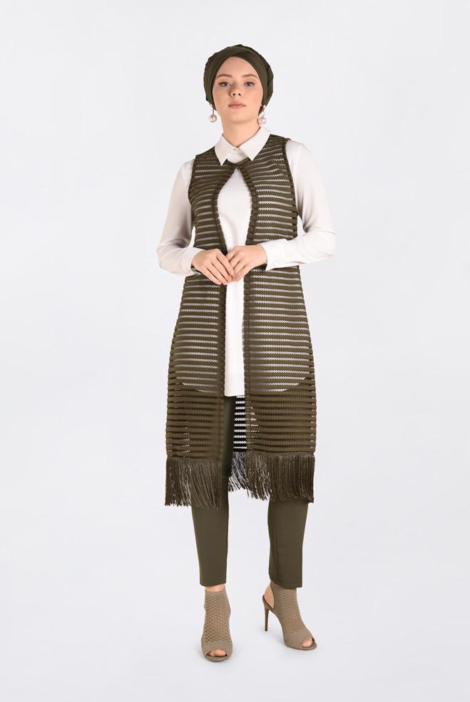 Tesettür giyim HAKİ PÜSKÜL DETAYLI FİLE YELEK 4753 - ALVİNA