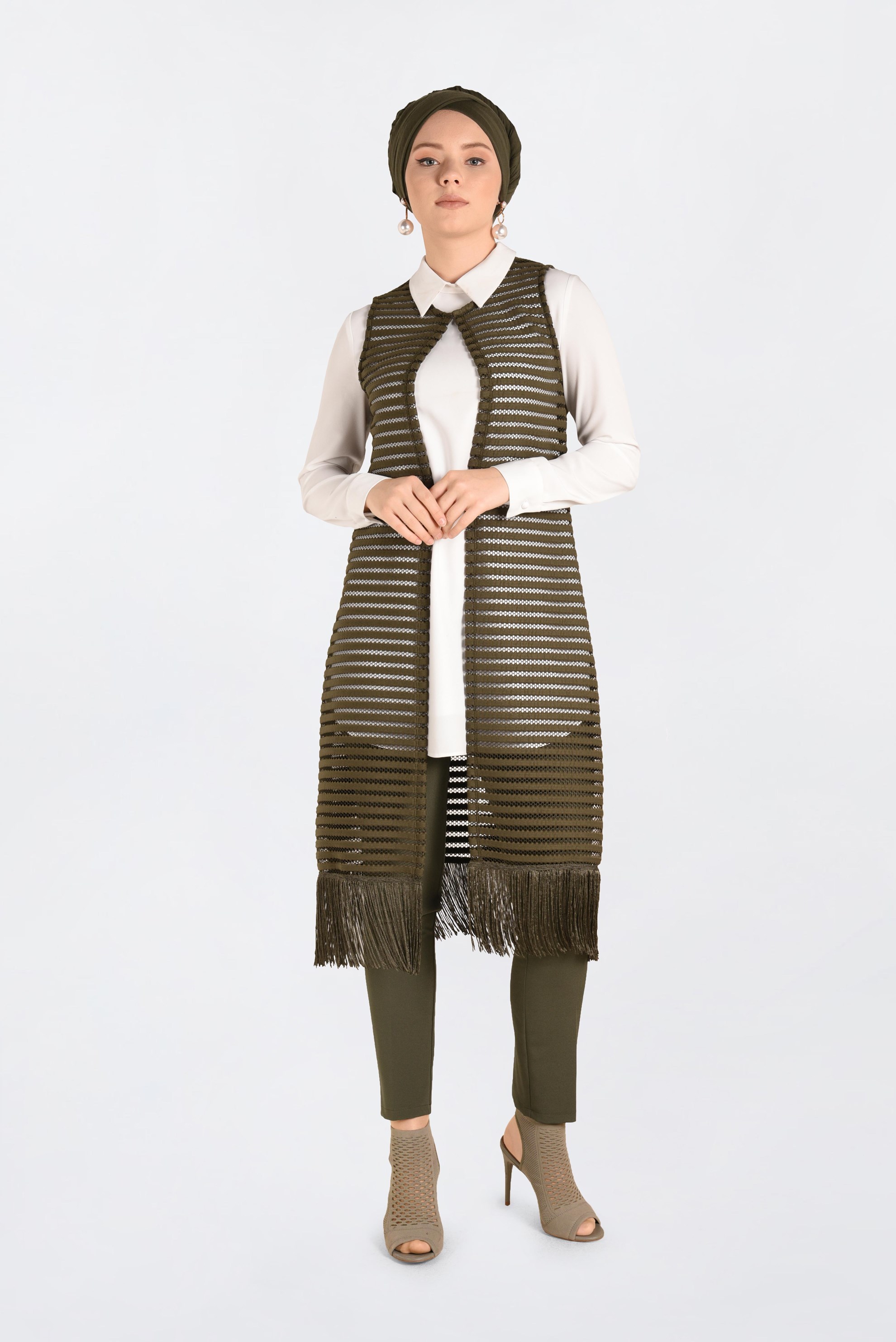 Tesettür giyim HAKİ PÜSKÜL DETAYLI FİLE YELEK 4753