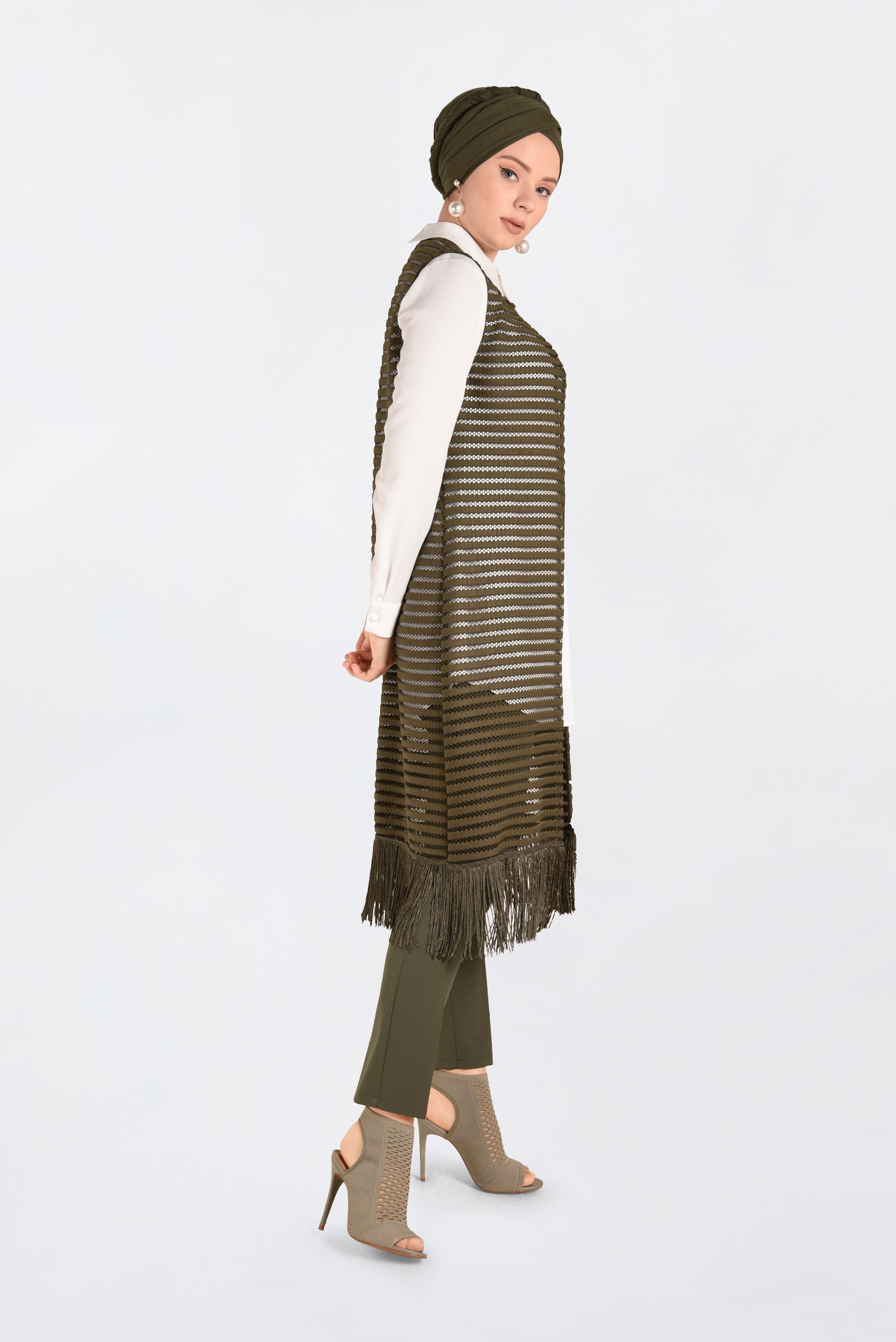 Tesettür giyim HAKİ PÜSKÜL DETAYLI FİLE YELEK 4753