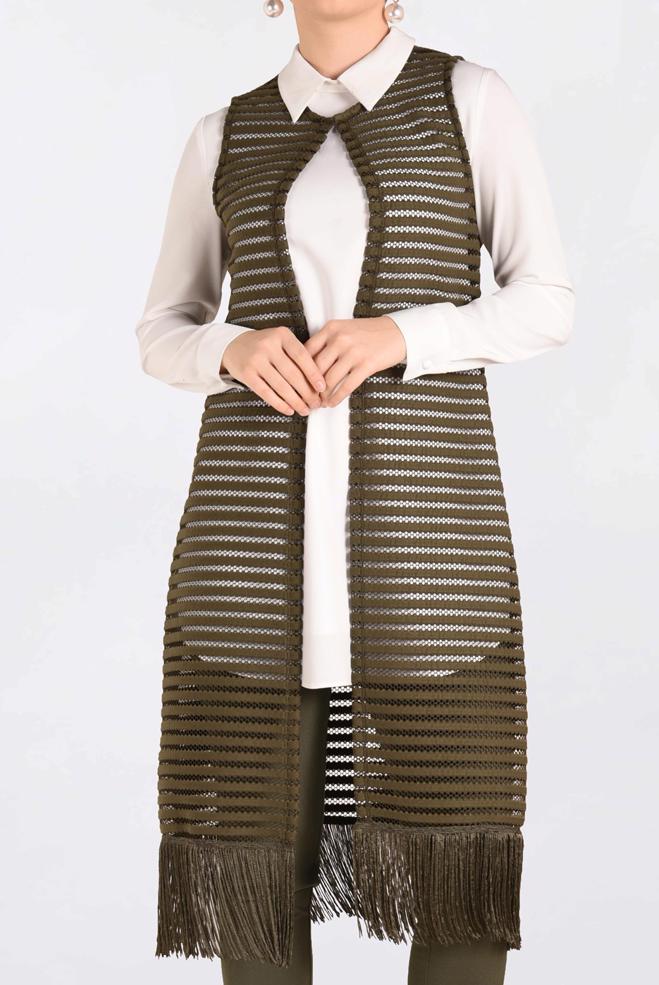 Tesettür giyim HAKİ PÜSKÜL DETAYLI FİLE YELEK 4753 - ALVİNA