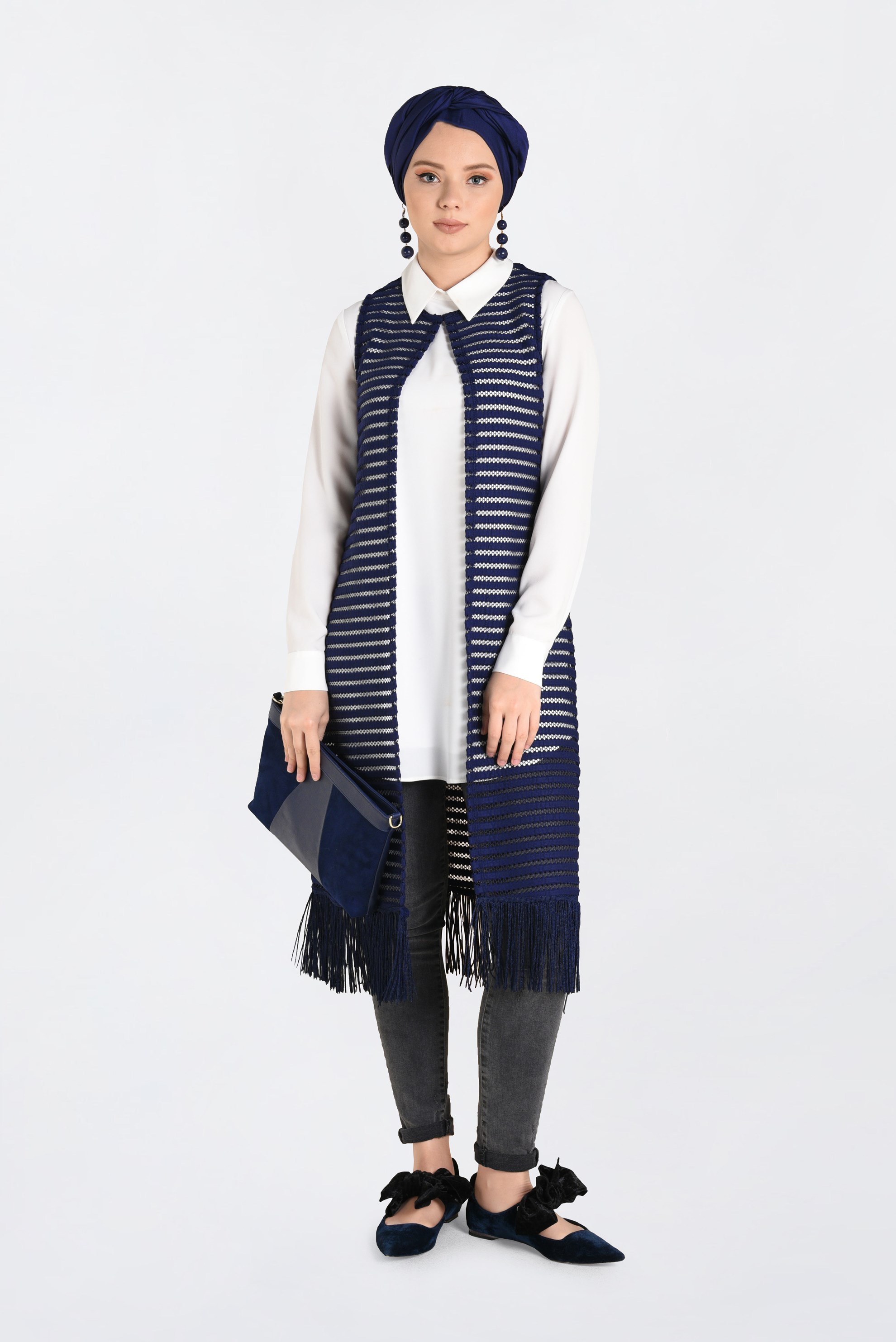 Tesettür giyim LACİVERT PÜSKÜL DETAYLI FİLE YELEK 4753