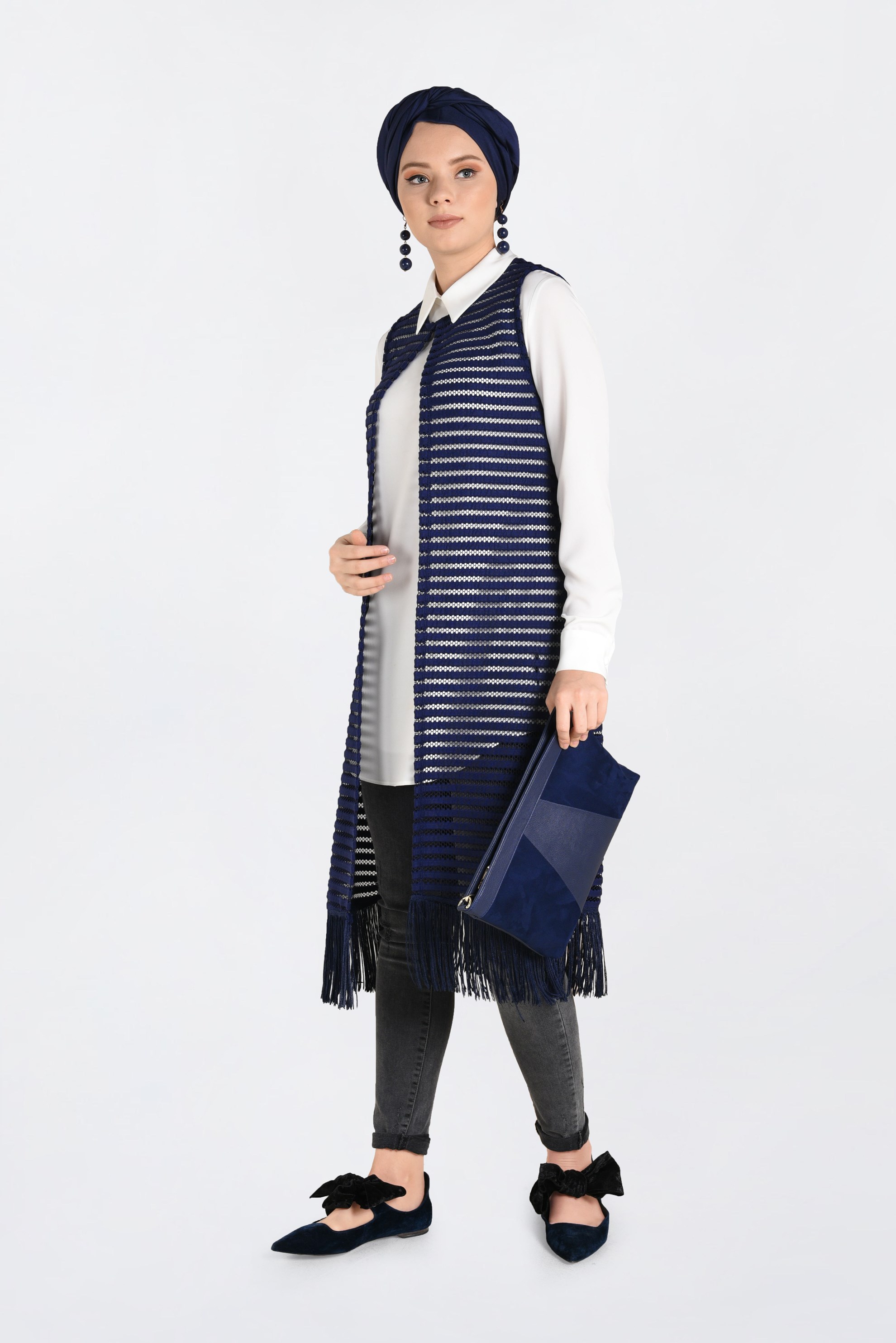 Tesettür giyim LACİVERT PÜSKÜL DETAYLI FİLE YELEK 4753