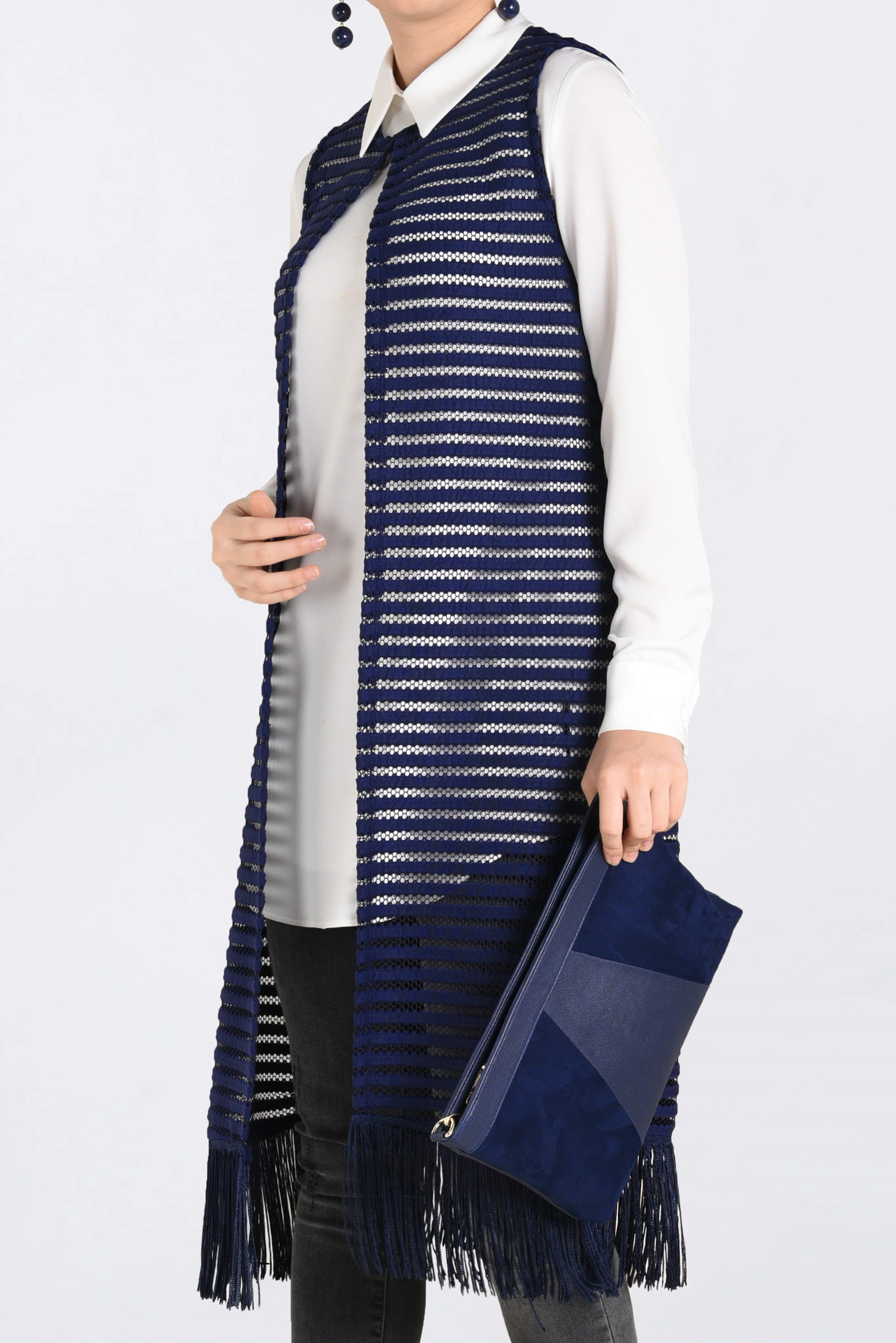 Tesettür giyim LACİVERT PÜSKÜL DETAYLI FİLE YELEK 4753