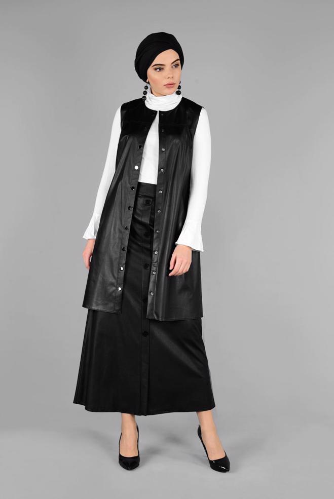 Vêtements hijab NOIR GILET EN CUIR À CLOUTÉ 4775  - ALVİNA
