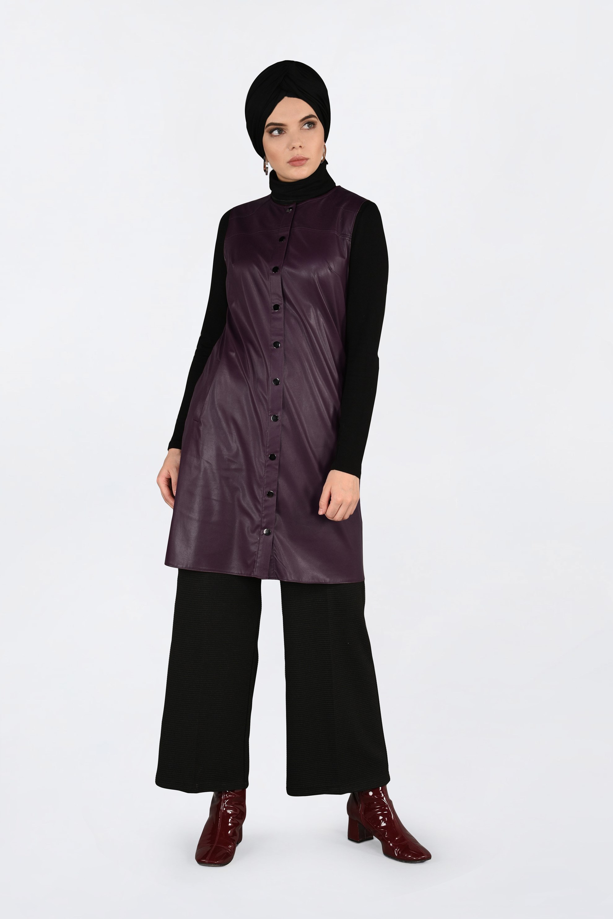 Tesettür giyim BORDO ÇITÇITLI DERİ YELEK 4775