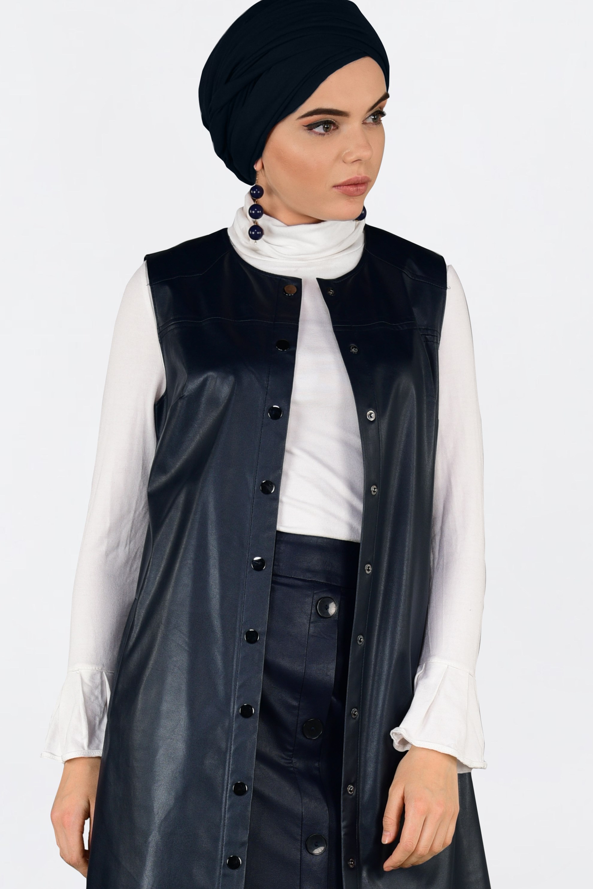 Tesettür giyim LACİVERT ÇITÇITLI DERİ YELEK 4775