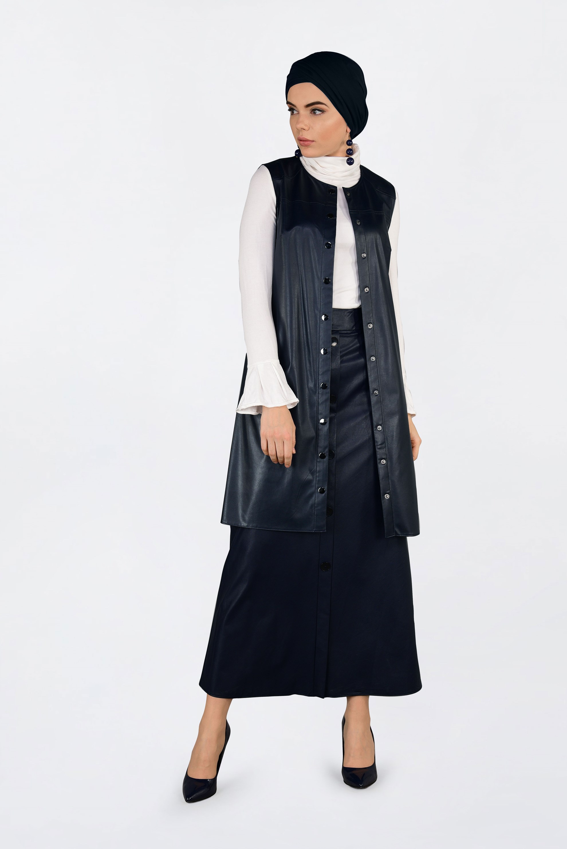 Tesettür giyim LACİVERT ÇITÇITLI DERİ YELEK 4775