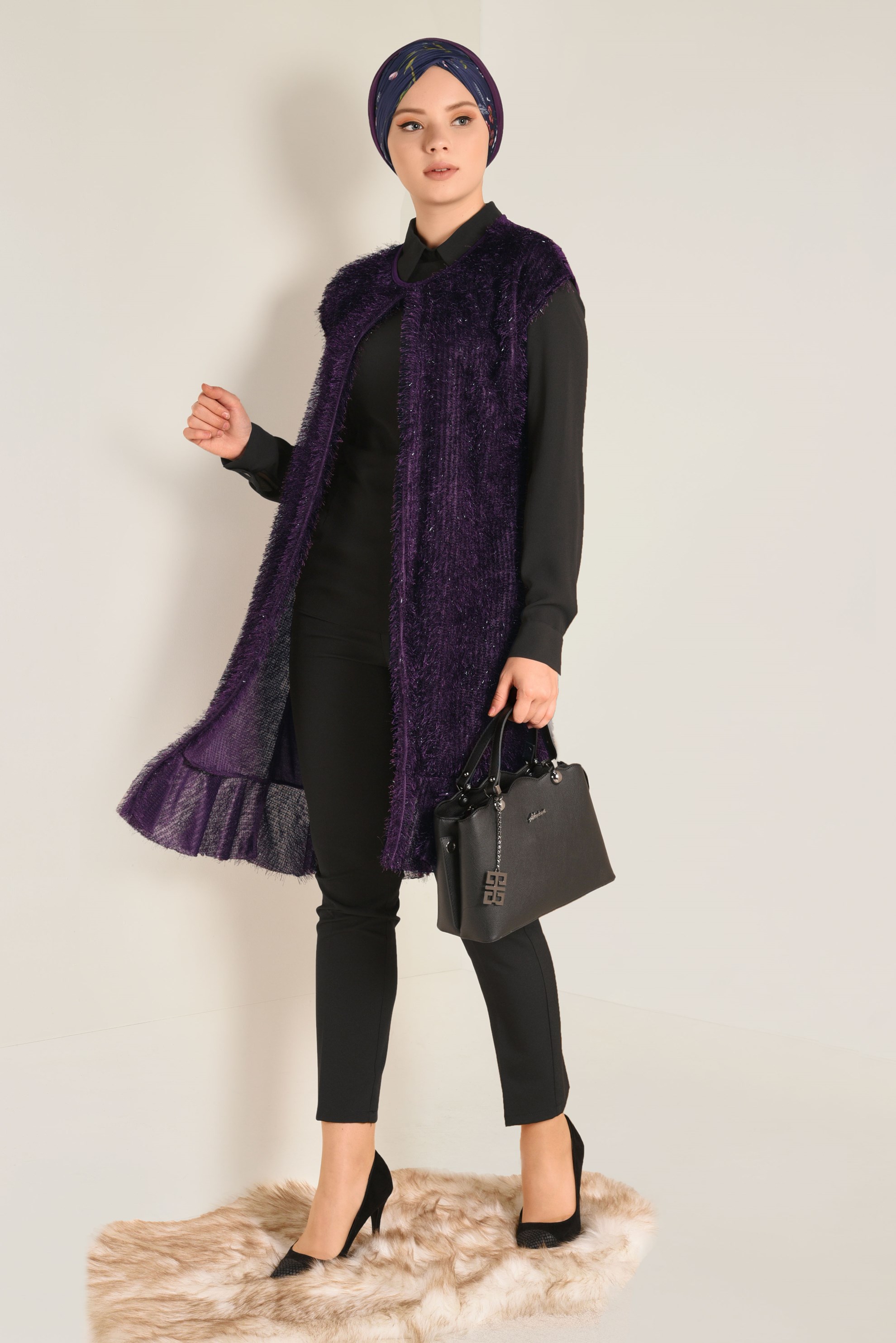 Tesettür giyim MOR ETEK UCU VOLANLI SAÇAKLI YELEK 4776