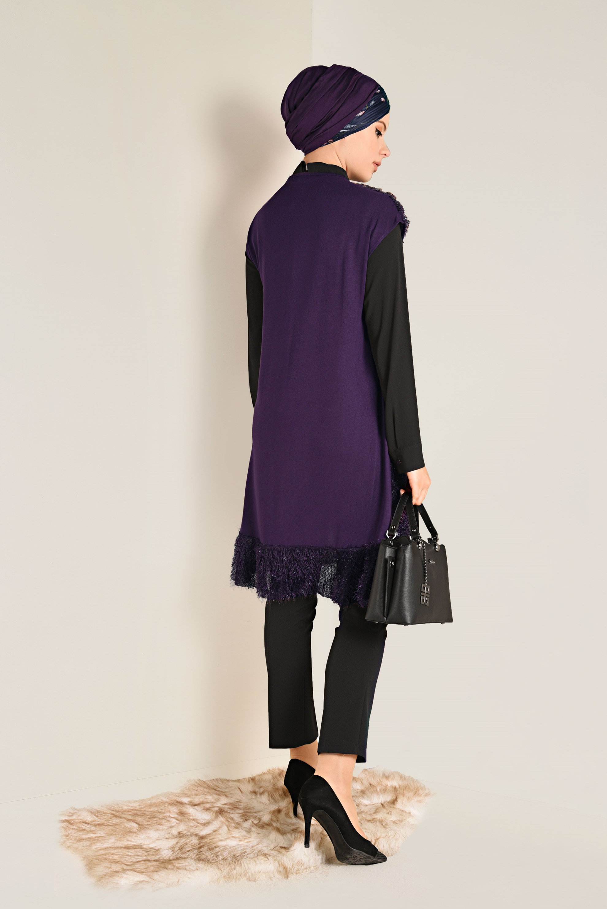 Tesettür giyim MOR ETEK UCU VOLANLI SAÇAKLI YELEK 4776