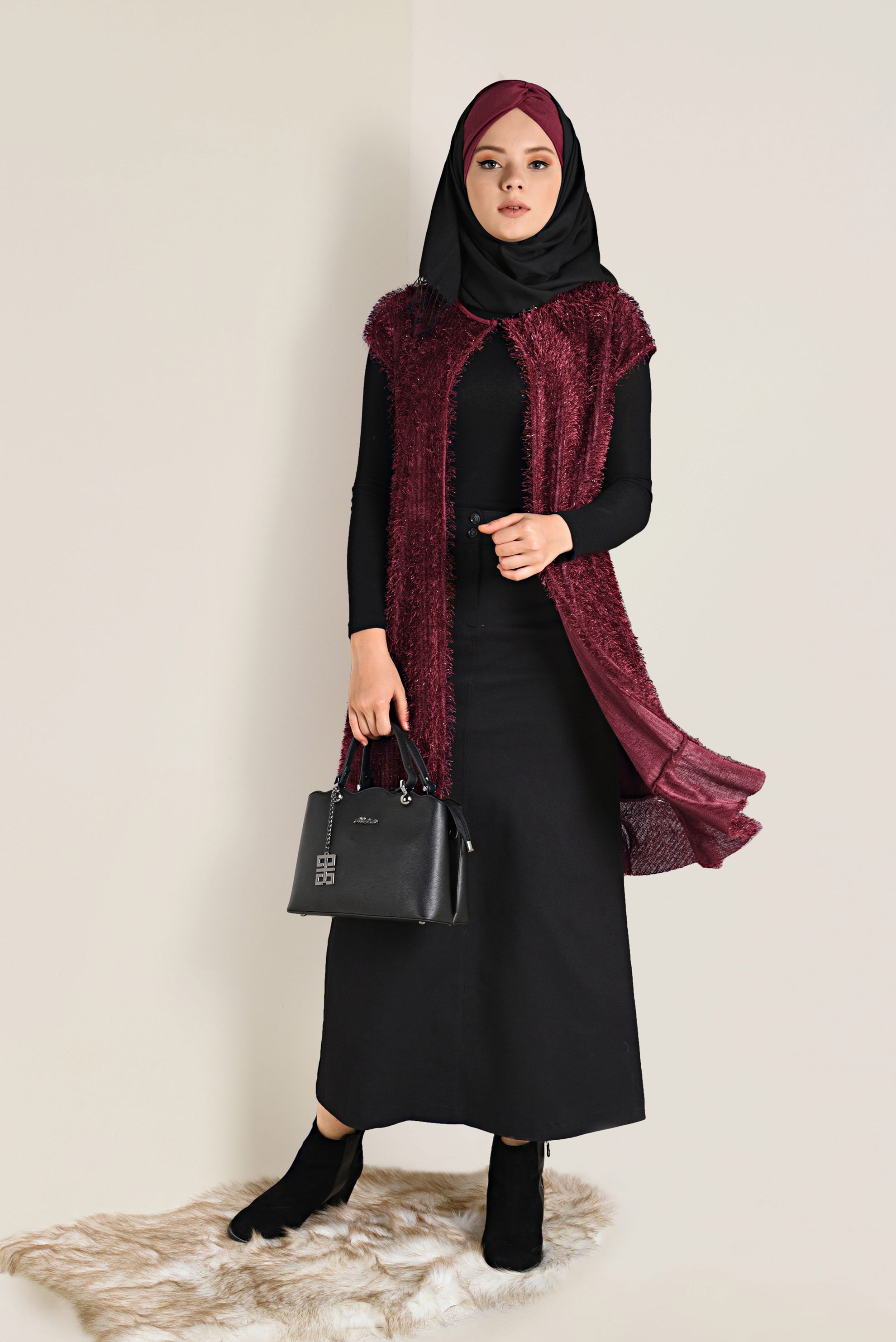 Tesettür giyim BORDO ETEK UCU VOLANLI SAÇAKLI YELEK 4776