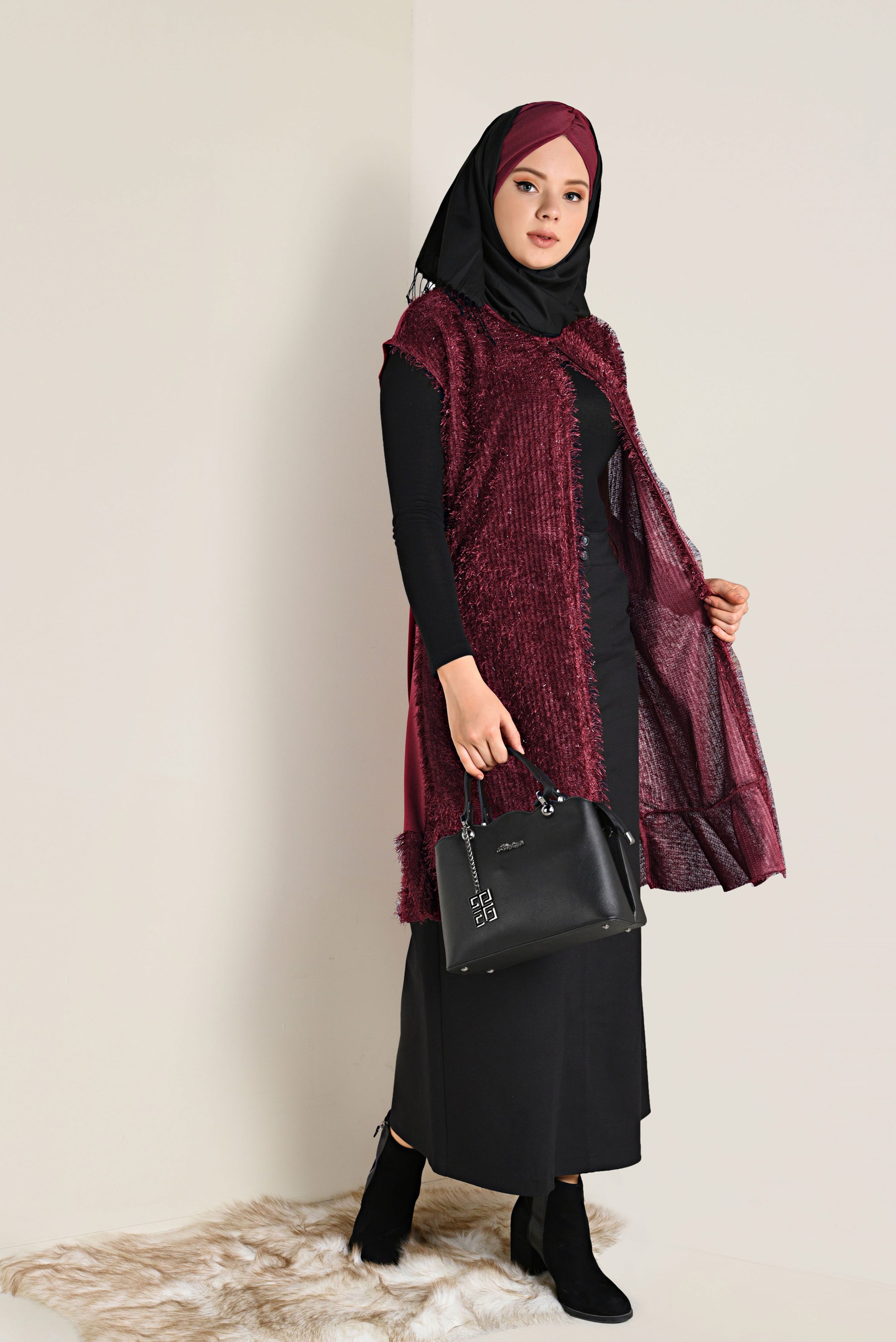 Tesettür giyim BORDO ETEK UCU VOLANLI SAÇAKLI YELEK 4776