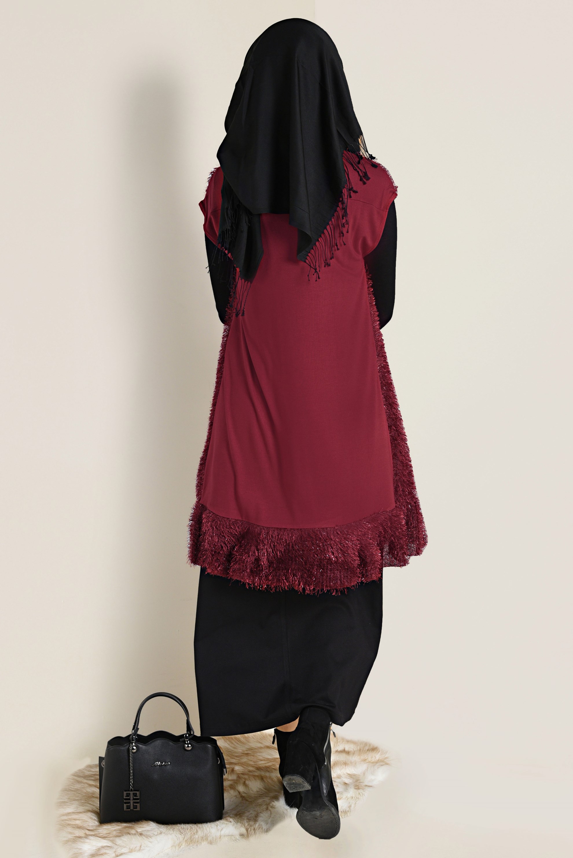 Tesettür giyim BORDO ETEK UCU VOLANLI SAÇAKLI YELEK 4776