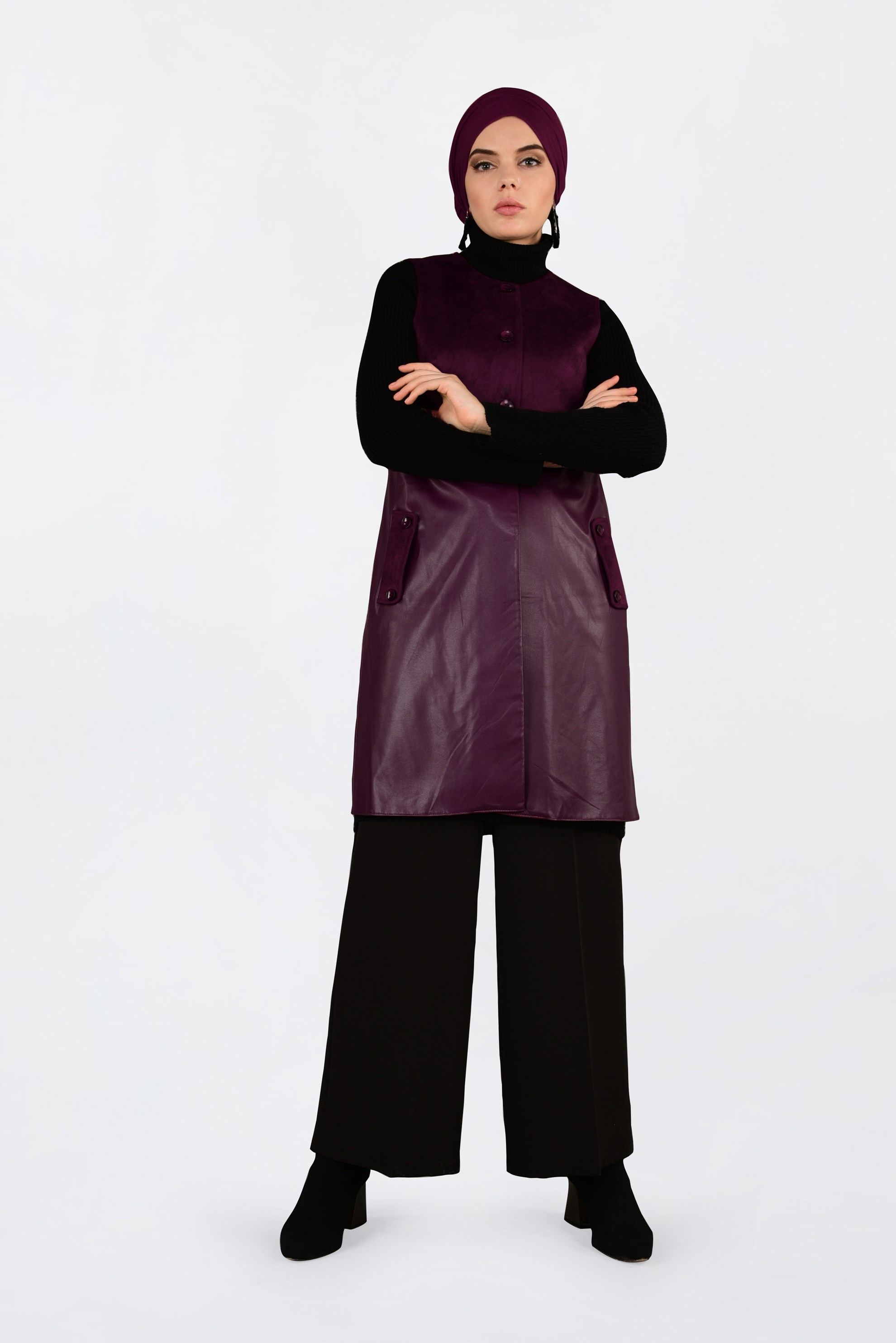 Tesettür giyim BORDO DÜĞMELİ DERİ DETAYLI SÜET YELEK 4779