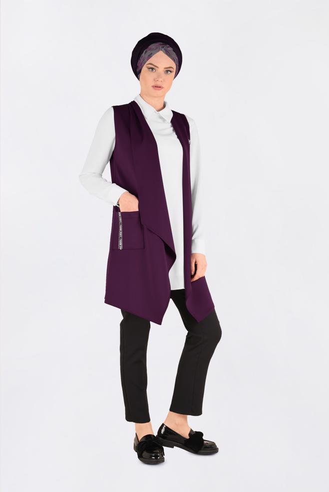 Hijab clothing PURPLE ASYMMETRIC CUT SHAWL COLLAR VEST 4795  - ALVİNA