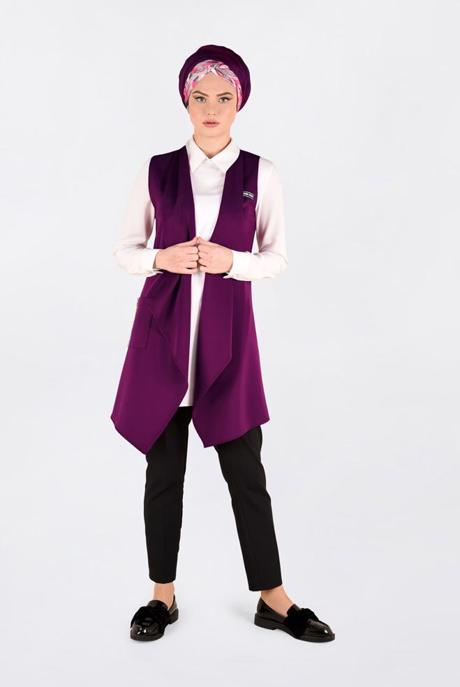 Tesettür giyim BEJ ASİMETRİK KESİM SALAŞ YAKA YELEK 4795 - ALVİNA