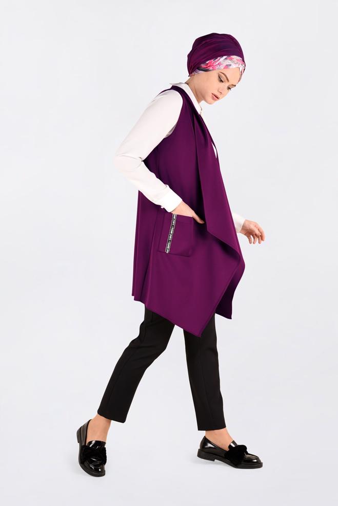 Tesettür giyim BEJ ASİMETRİK KESİM SALAŞ YAKA YELEK 4795 - ALVİNA