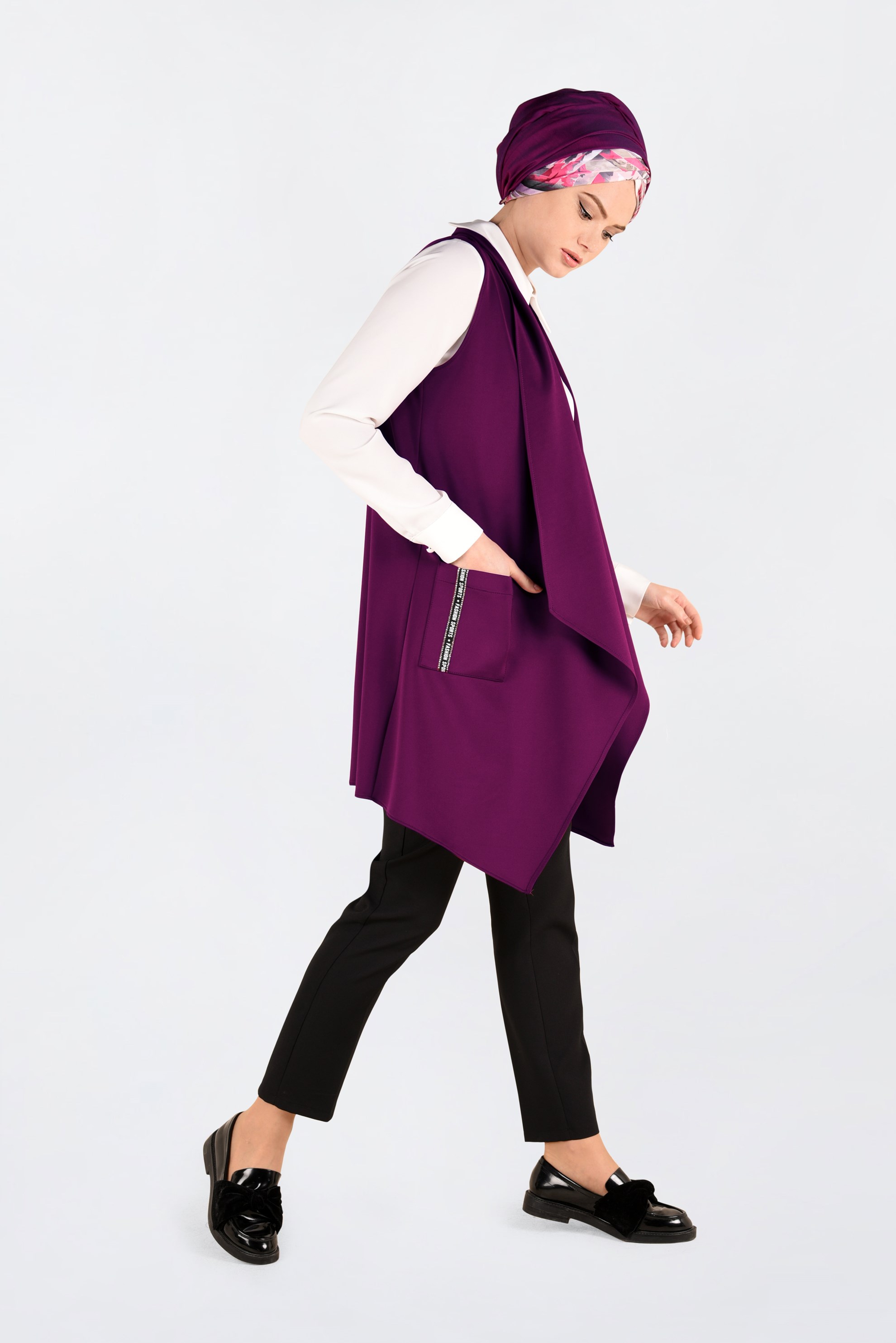 Tesettür giyim MOR ASİMETRİK KESİM SALAŞ YAKA YELEK 4795